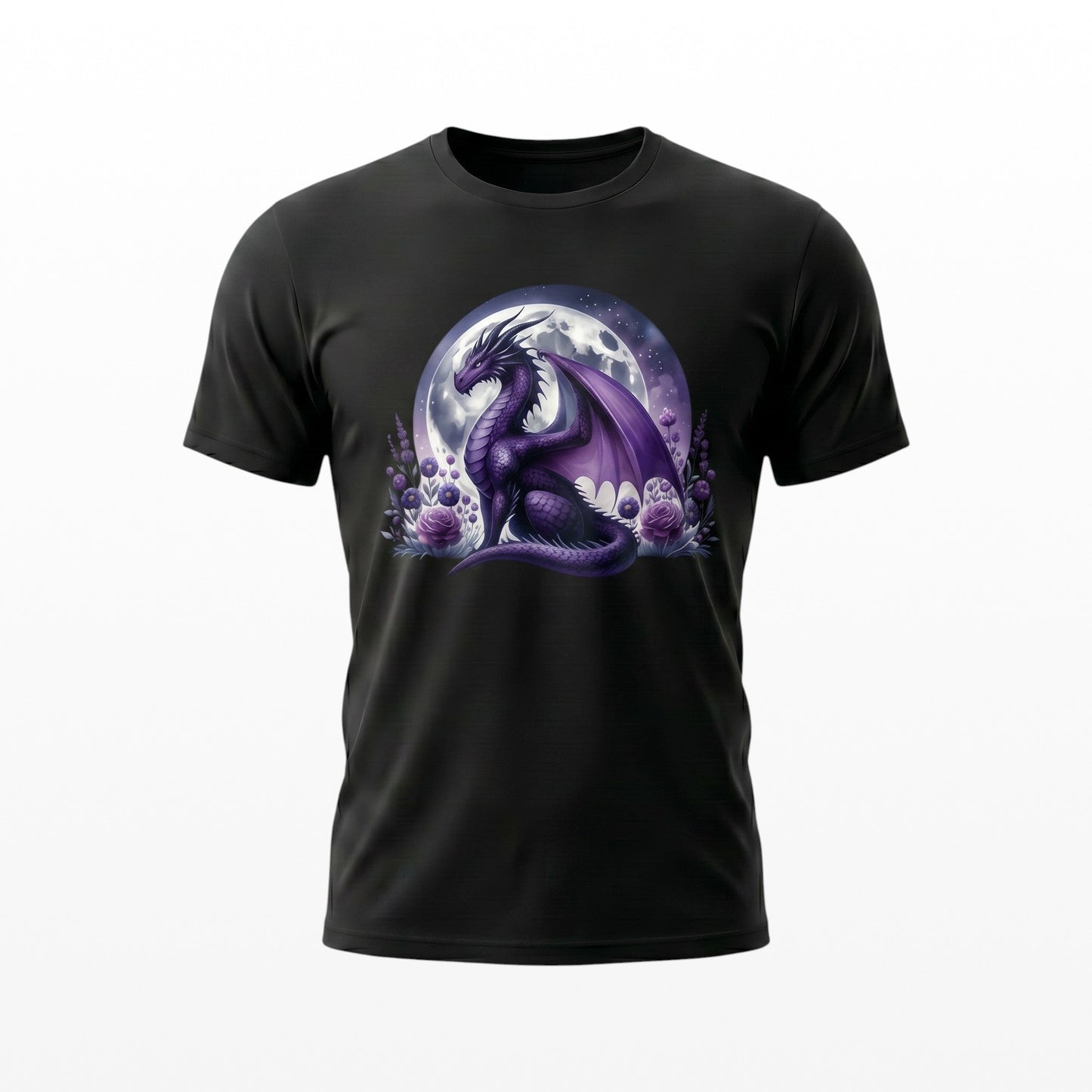 Illustrated Solutions Store black unisex t-shirt featuring a purple dragon graphic with a full moon and flowers.