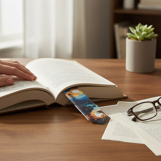 Illustrated Solutions Store leather bookmark with mountain sunrise reflection design, perfect for readers. Bookmark placed inside a book.