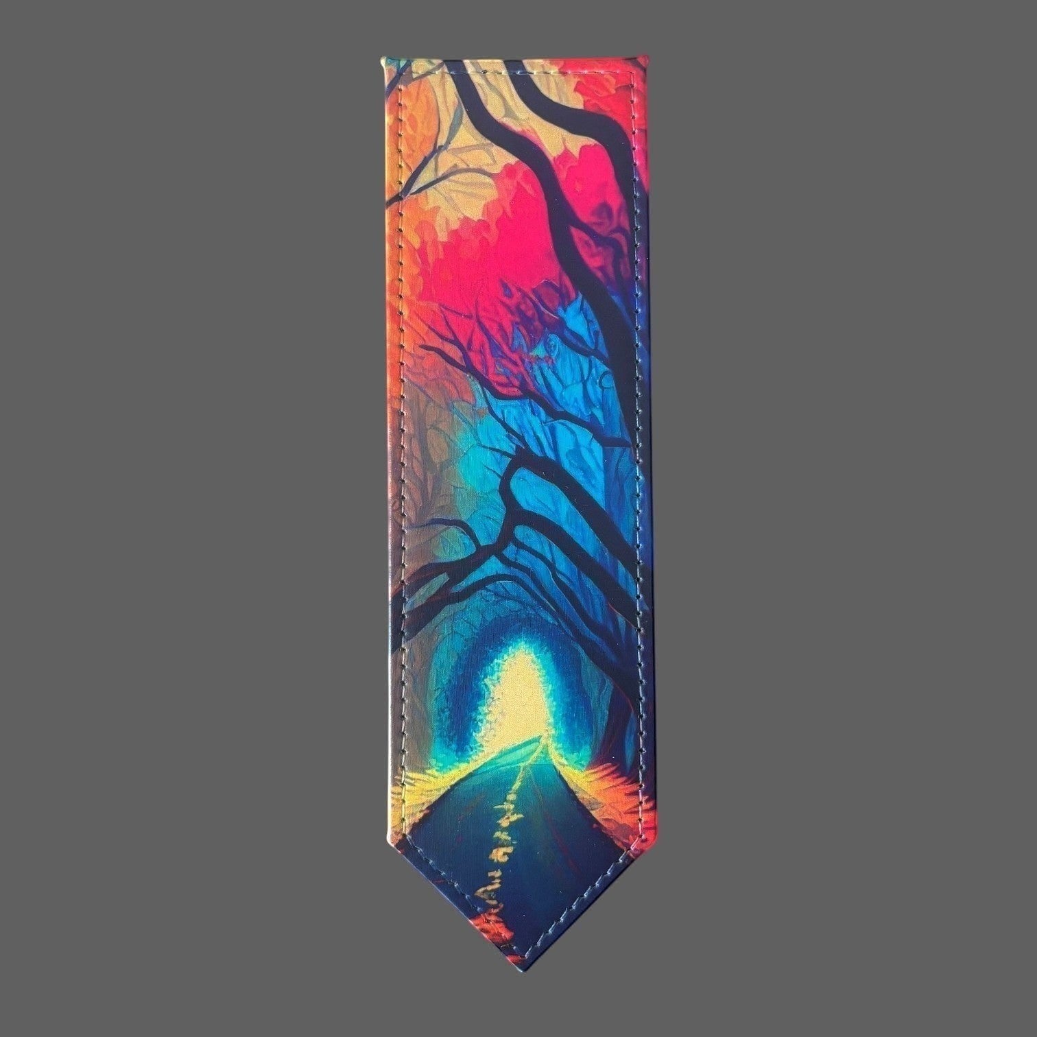Illustrated Solutions Store neon forest path leather bookmark with vibrant colours and a hopeful horizon.