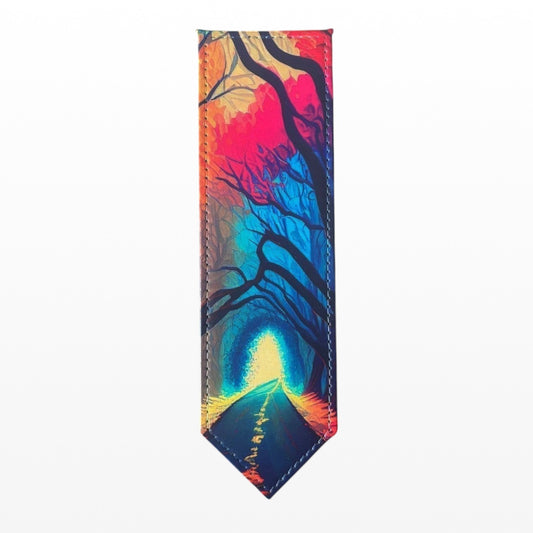 Illustrated Solutions Store leather bookmark featuring a vibrant neon forest path with glowing trees and a bright horizon.