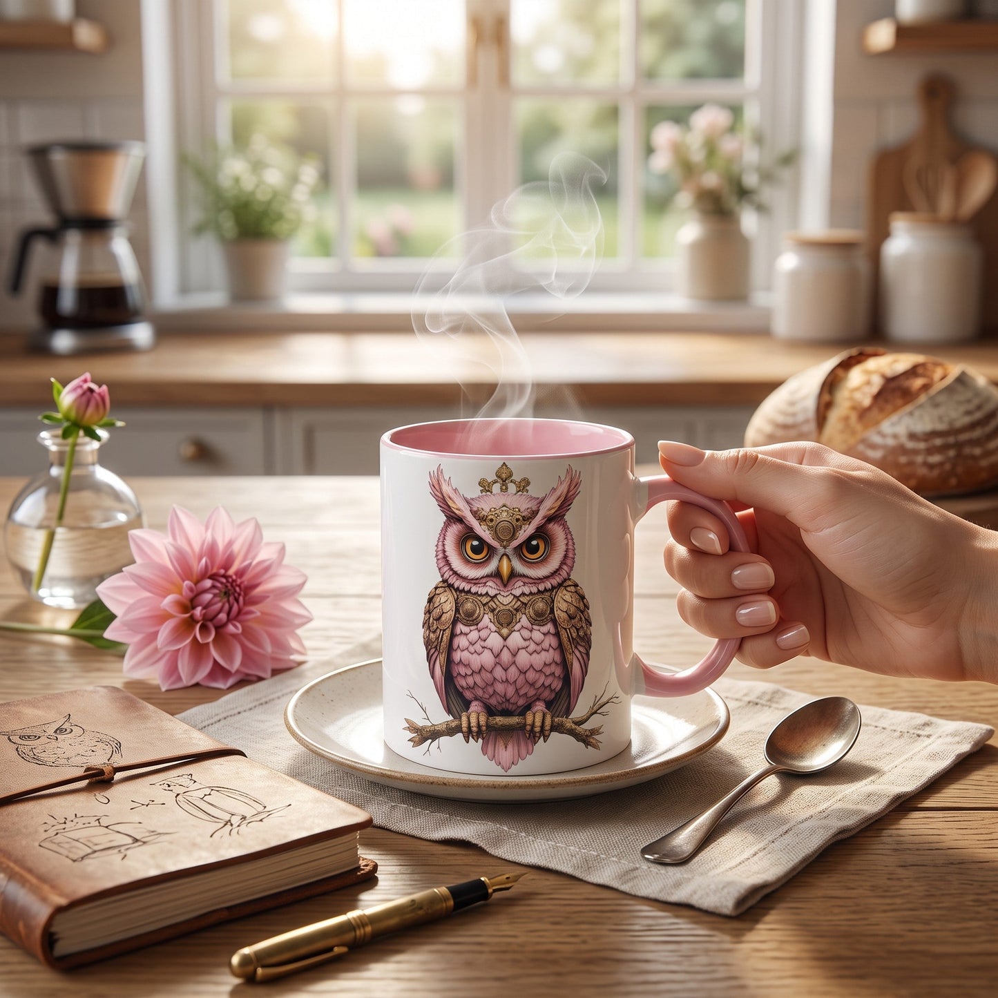 Pink ceramic mug featuring an elegant owl illustration with a matching pink handle set in a kitchen room.