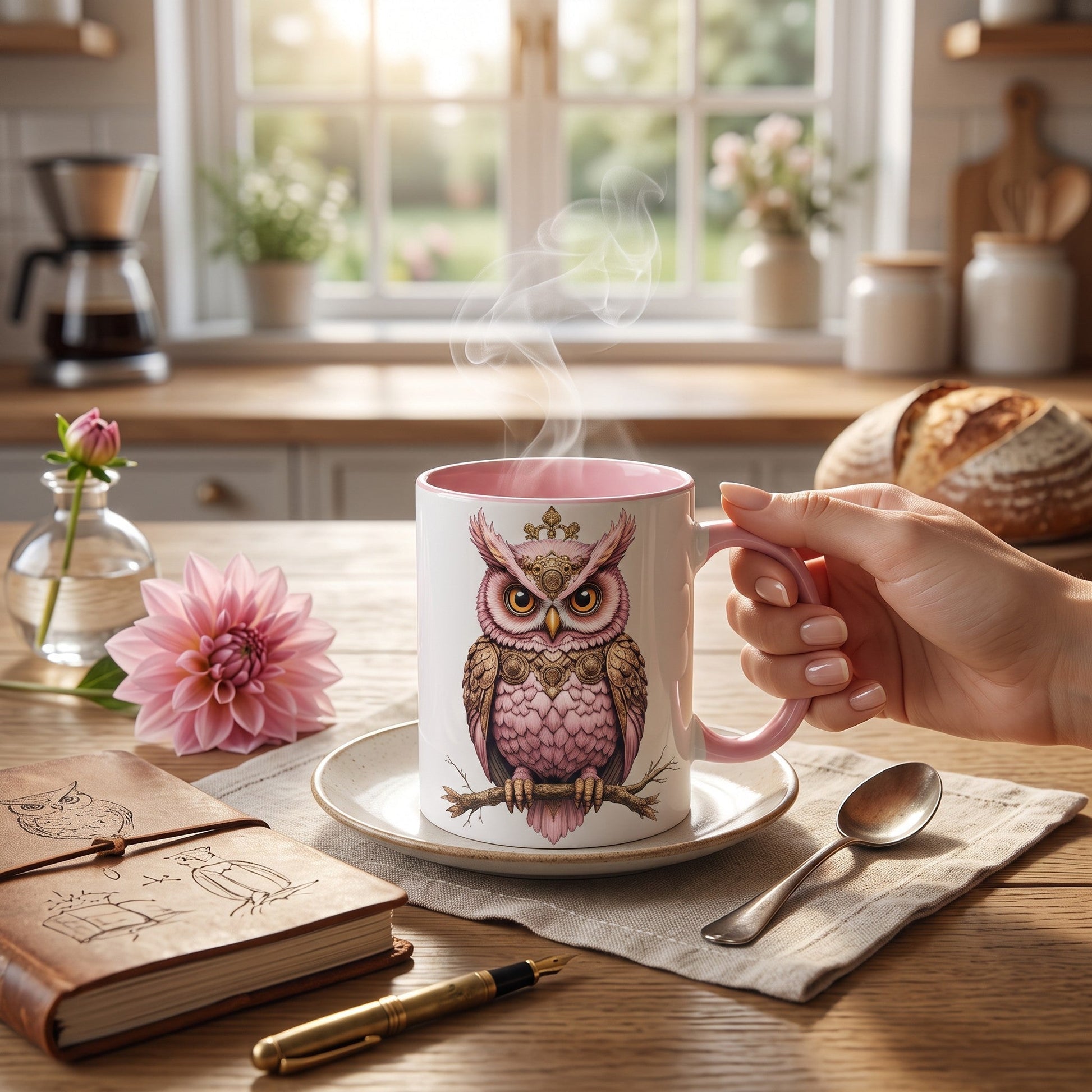 Pink ceramic mug featuring an elegant owl illustration with a matching pink handle set in a kitchen room.