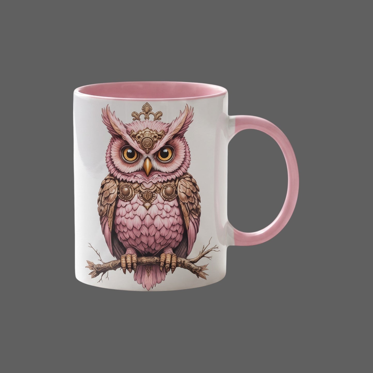 Pink ceramic mug featuring an elegant pink owl with steampunk ornamental details on a branch, grey background. 