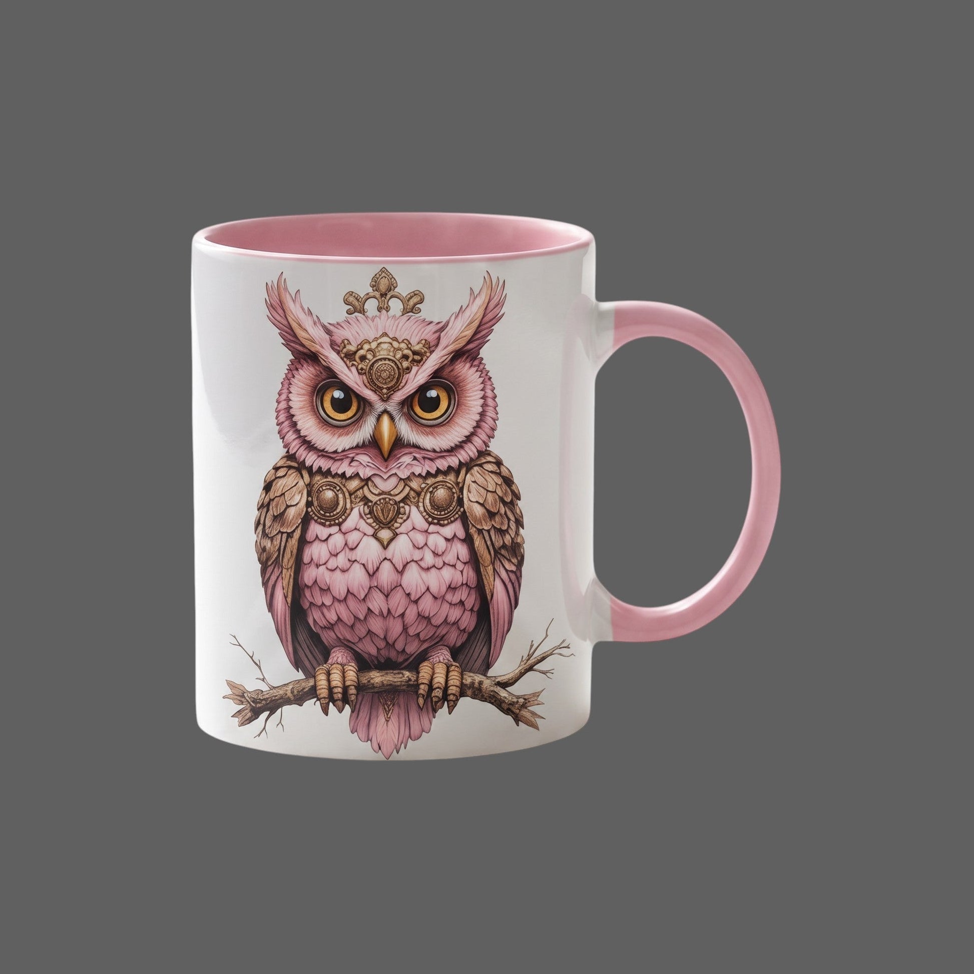 Pink ceramic mug featuring an elegant pink owl with steampunk ornamental details on a branch, grey background. 