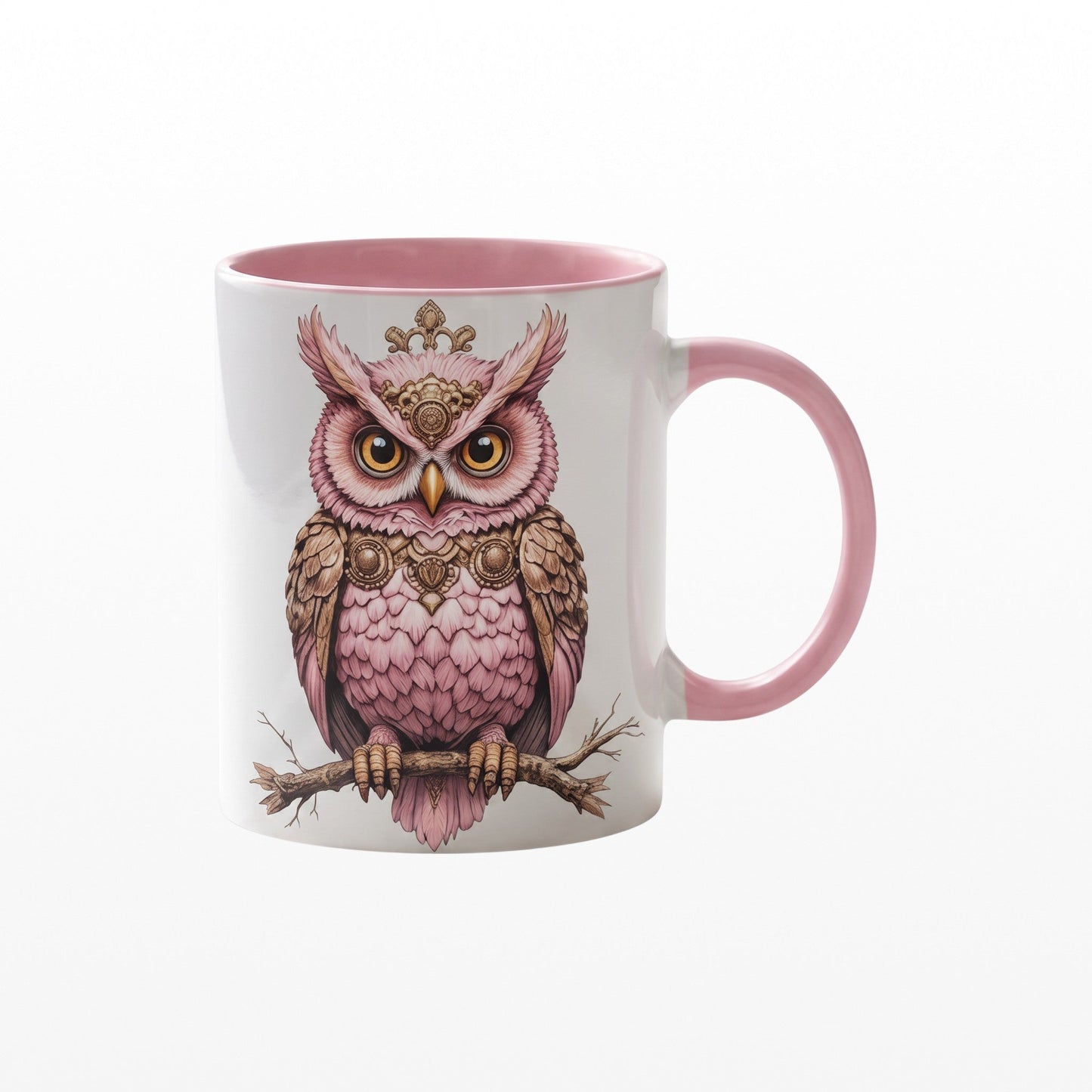 Pink ceramic mug featuring an elegant pink steampunk owl with ornamental details on a branch
