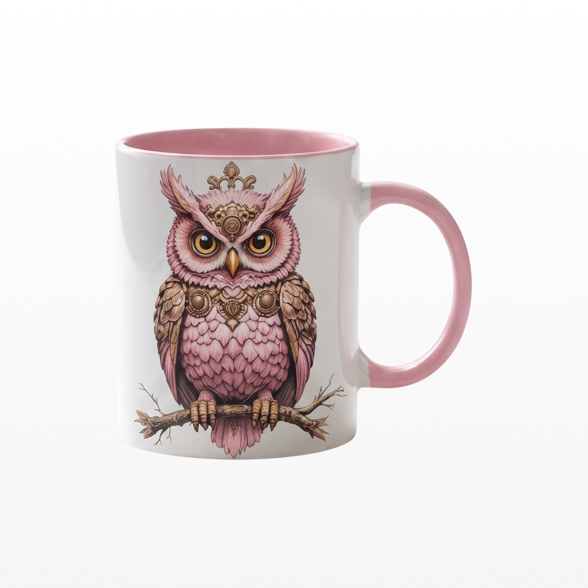 Pink ceramic mug featuring an elegant pink steampunk owl with ornamental details on a branch