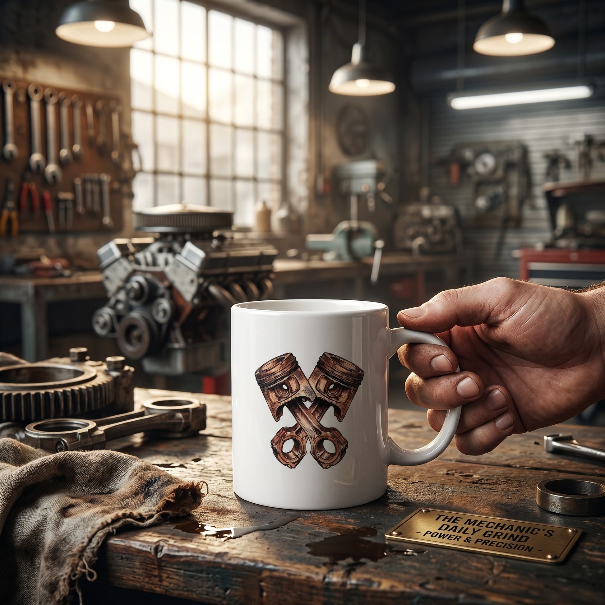 Illustrated Solutions Store white mug with crossed engine piston design held in a garage workshop setting.