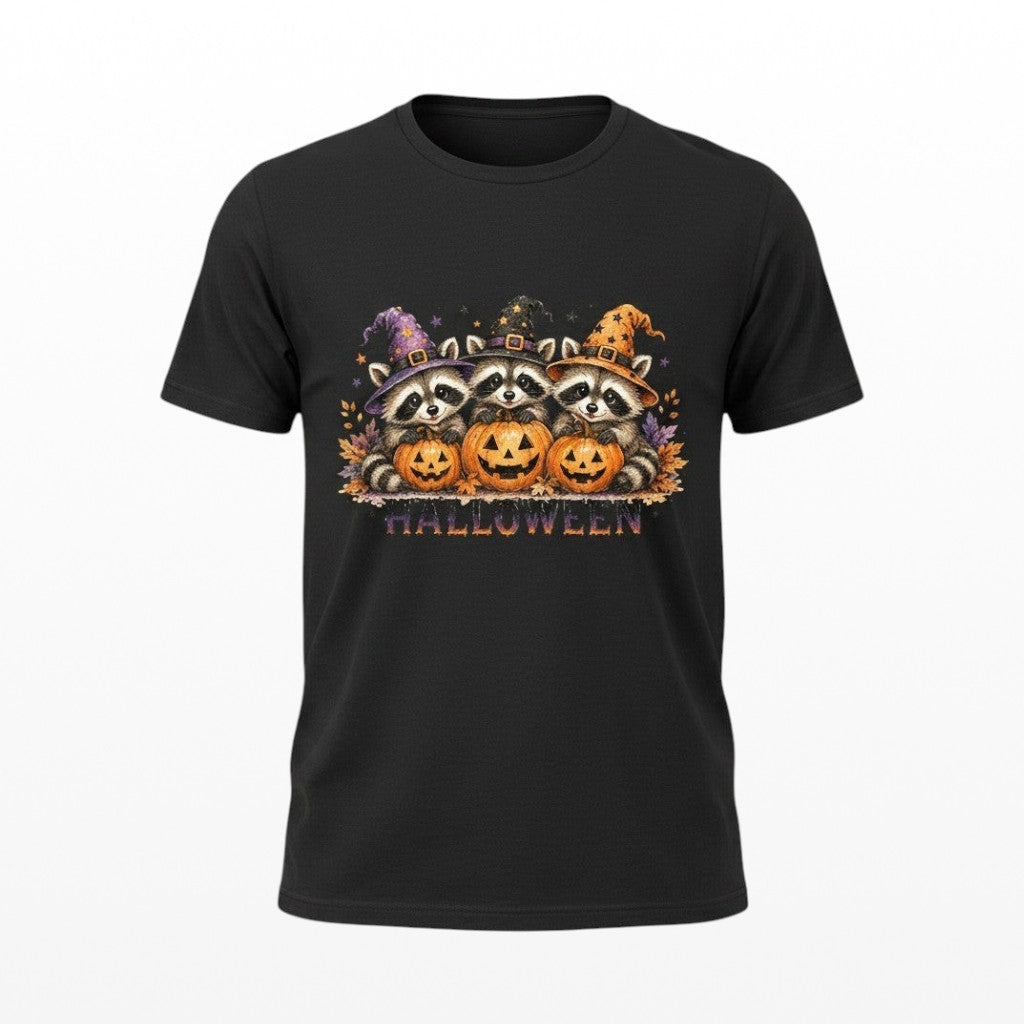 Illustrated Solutions Store black unisex t-shirt featuring three cute raccoons in witch hats with jack-o'-lanterns.