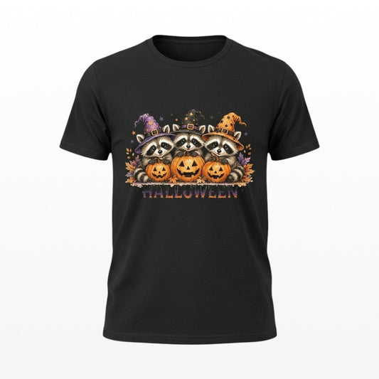 Illustrated Solutions Store black unisex t-shirt featuring three cute raccoons in witch hats with jack-o'-lanterns.