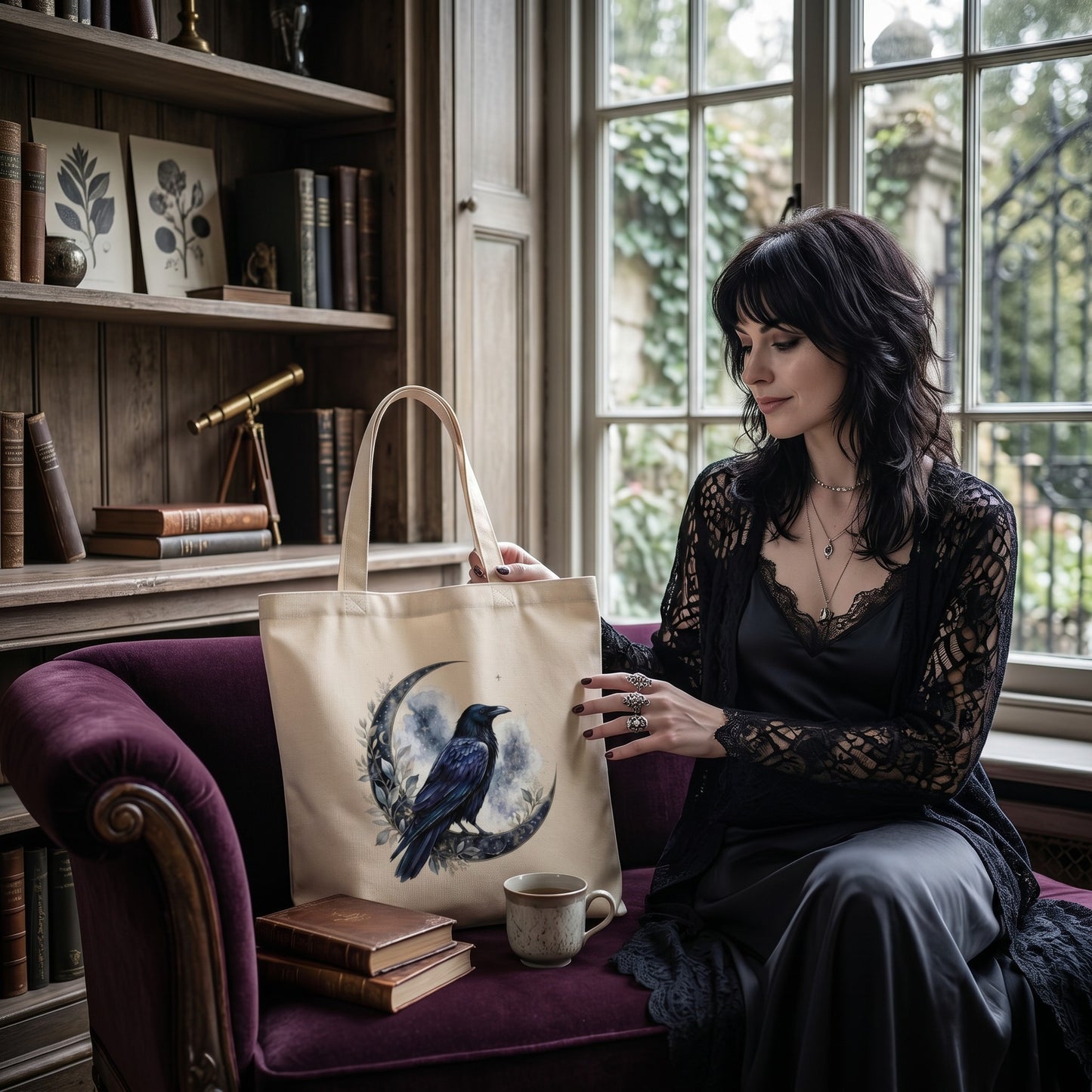 Illustrated Solutions Store canvas tote bag featuring a gothic raven and crescent moon design held by a woman.