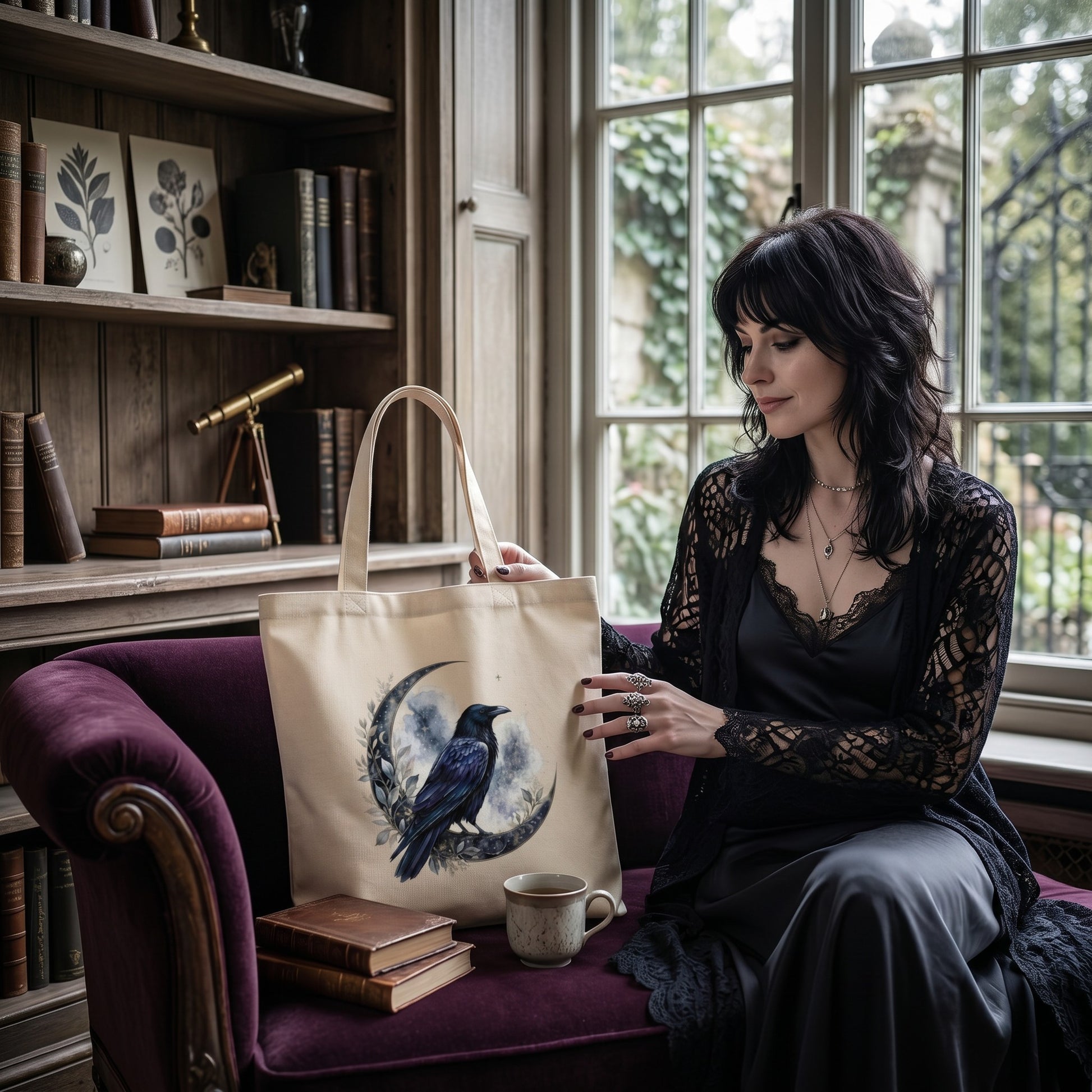 Illustrated Solutions Store canvas tote bag featuring a gothic raven and crescent moon design held by a woman.