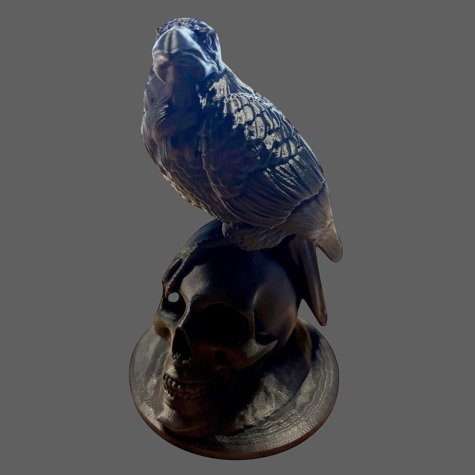 Illustrated Solutions Store matte black raven figurine perched on a detailed skull base, gothic décor.