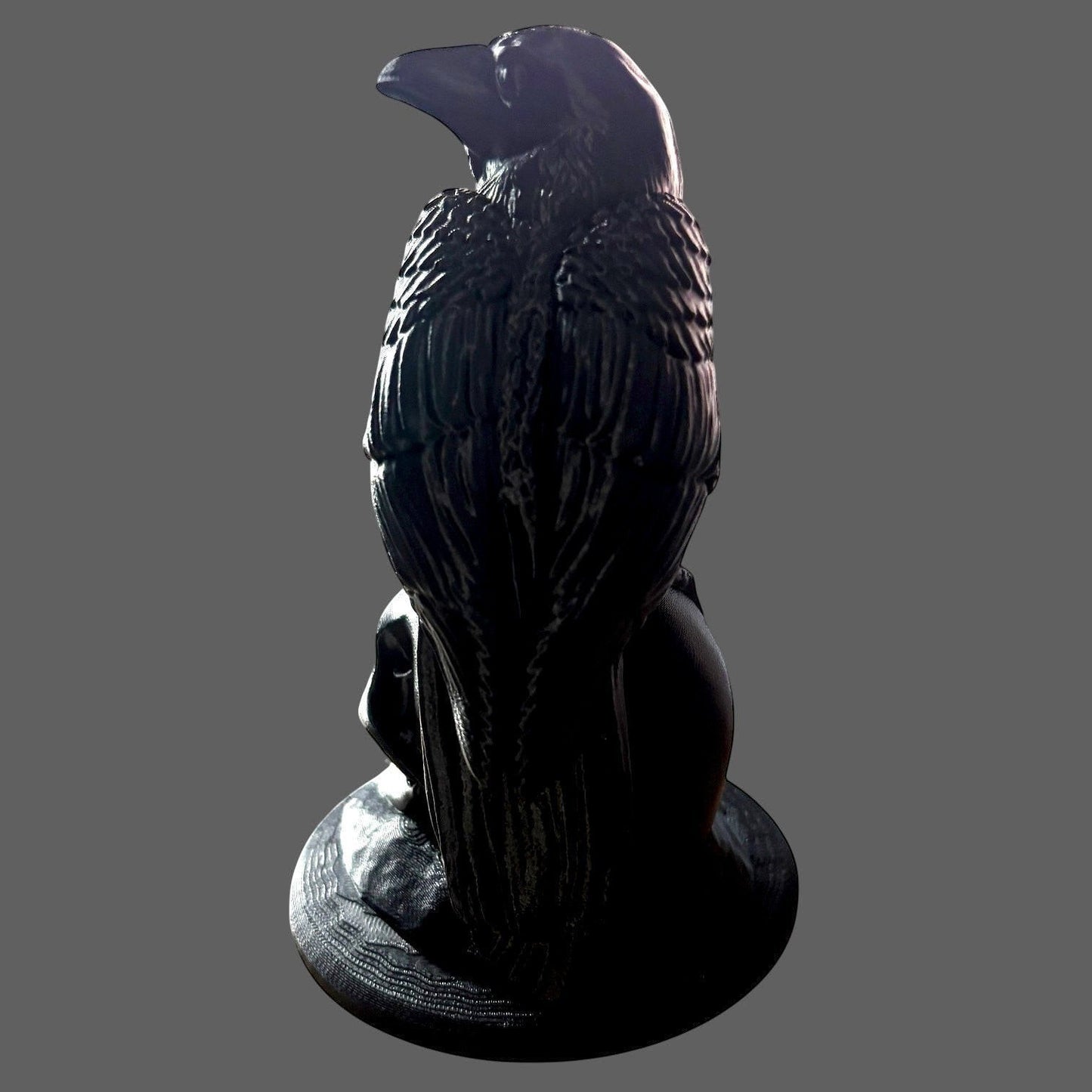 Illustrated Solutions Store matte black raven figurine perched on a skull base, gothic décor.