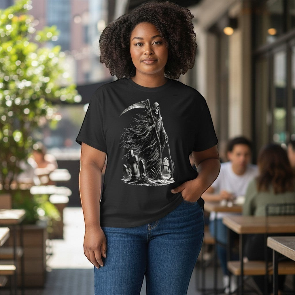 Woman stood out cafe wearing a grim reaper image on black t shirt