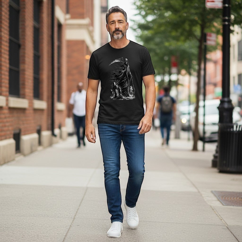 Man walking in a street wearing grim  reaper image on black t shirt