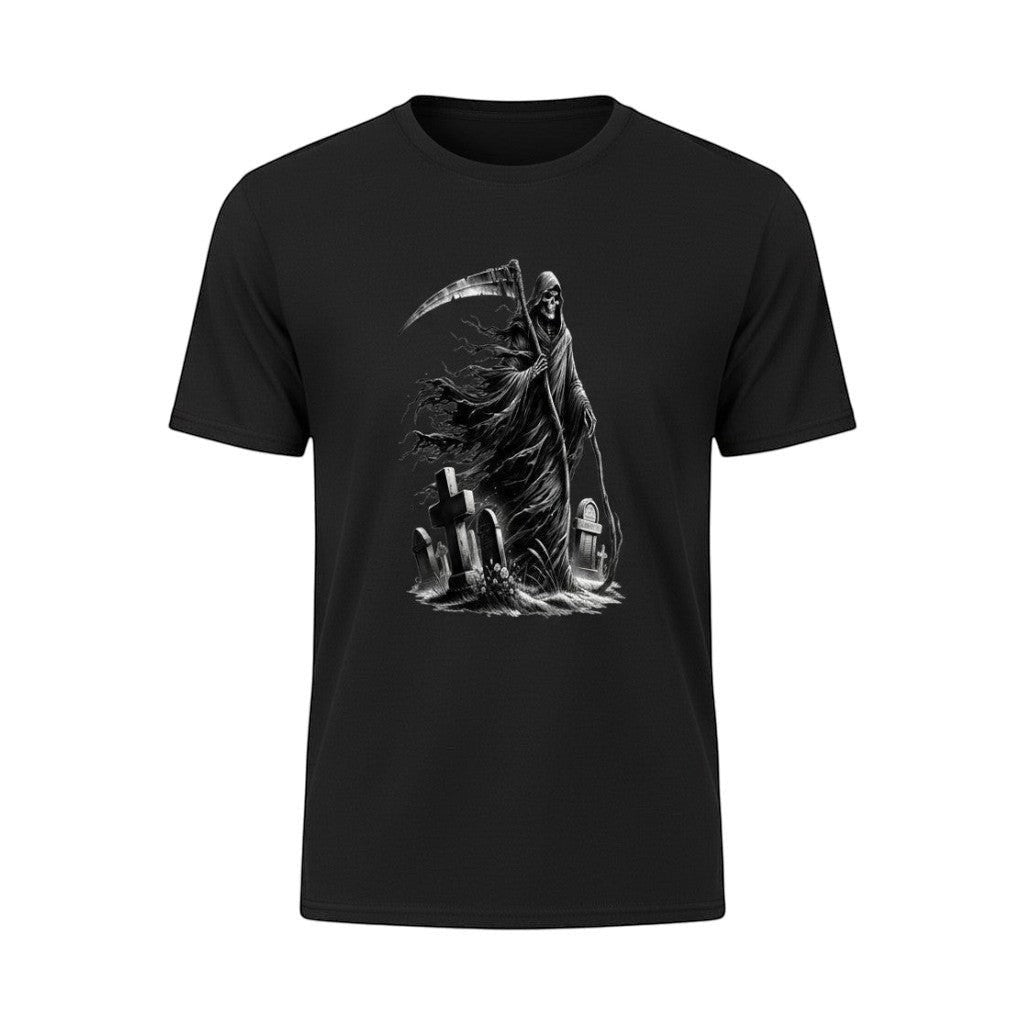 Illustrated Solutions Store black gothic t-shirt with a detailed grim reaper skull and scythe graphic on a graveyard background.