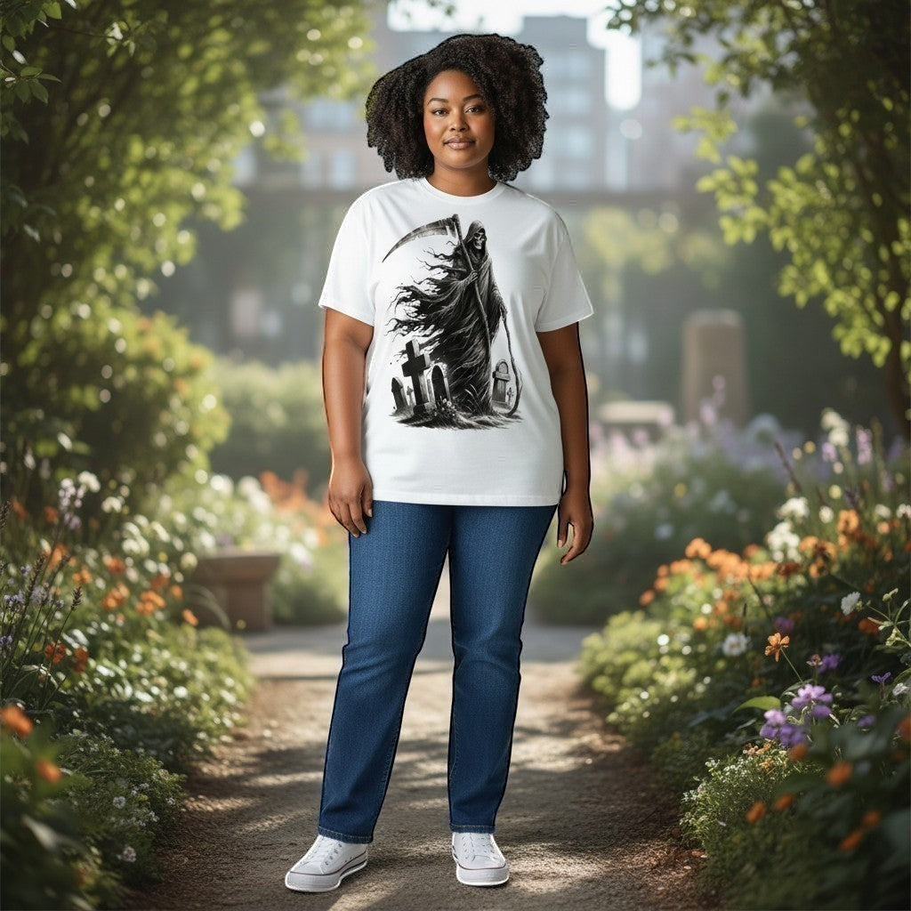 Woman stood in park wearing grim reaper image on white t shirt
