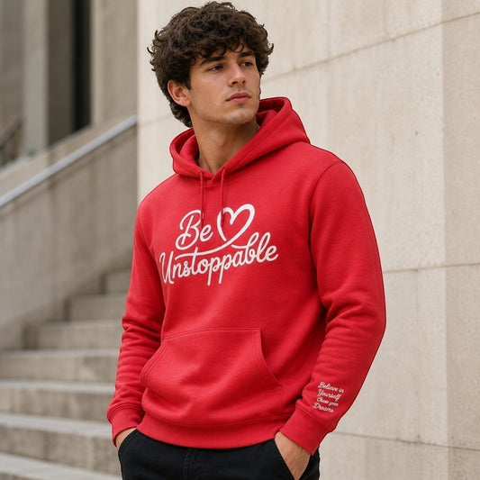 Illustrated Solutions Store red cotton hoodie with white 'Be Unstoppable' graphic on front and sleeve text.