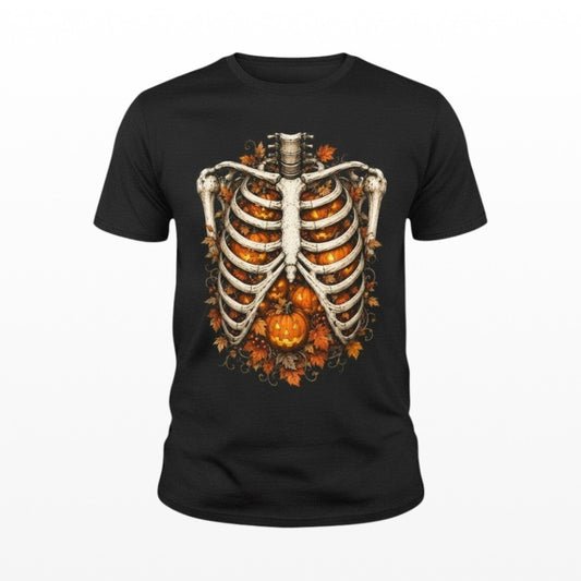 Illustrated Solutions Store black unisex T-shirt featuring a skeleton ribcage filled with pumpkins and autumn leaves.