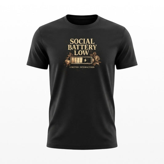Illustrated Solutions Store black t-shirt with "Social Battery Low" graphic and distressed battery icon.