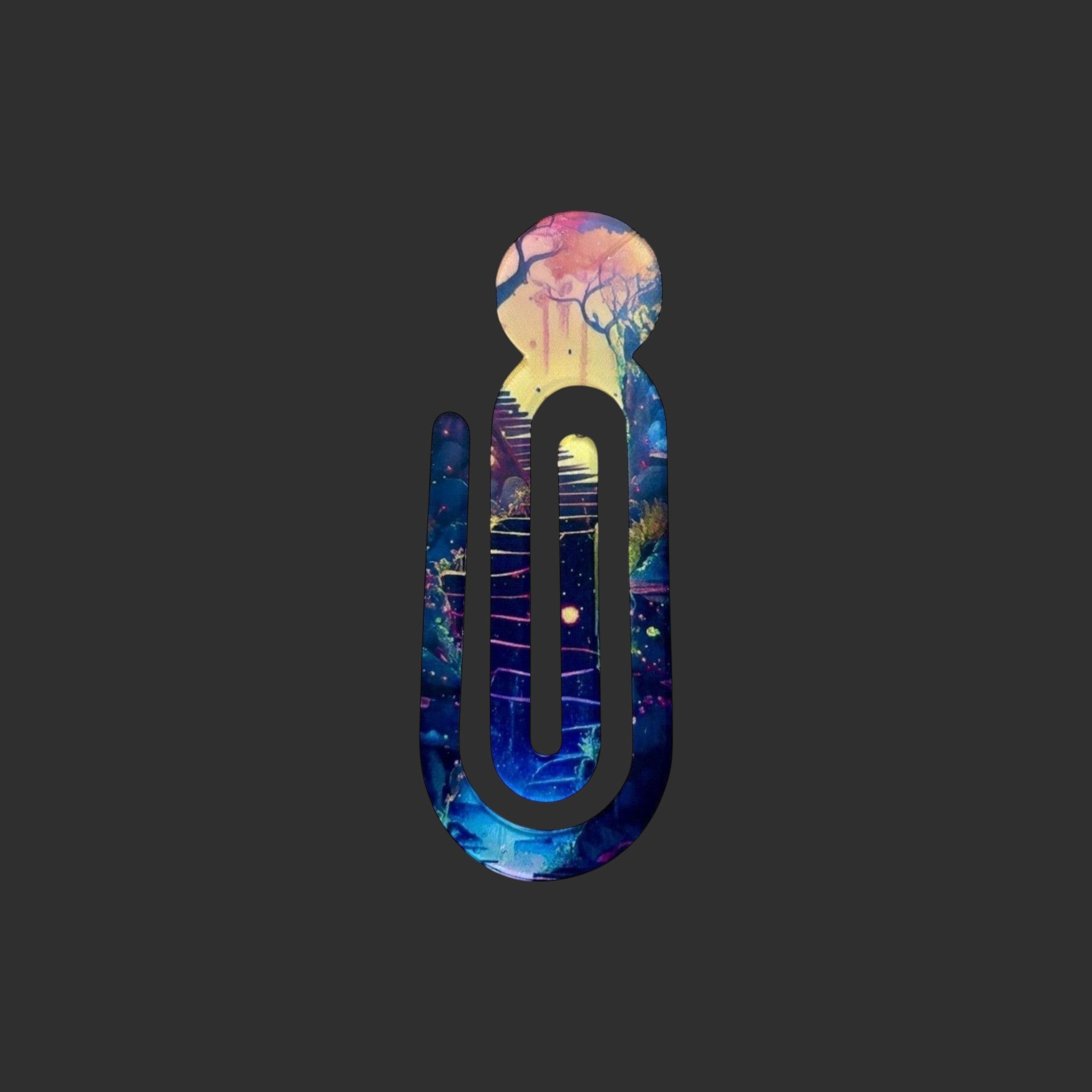 Illustrated Solutions Store acrylic book clip featuring vibrant spiritual artwork of a staircase in a magical forest.