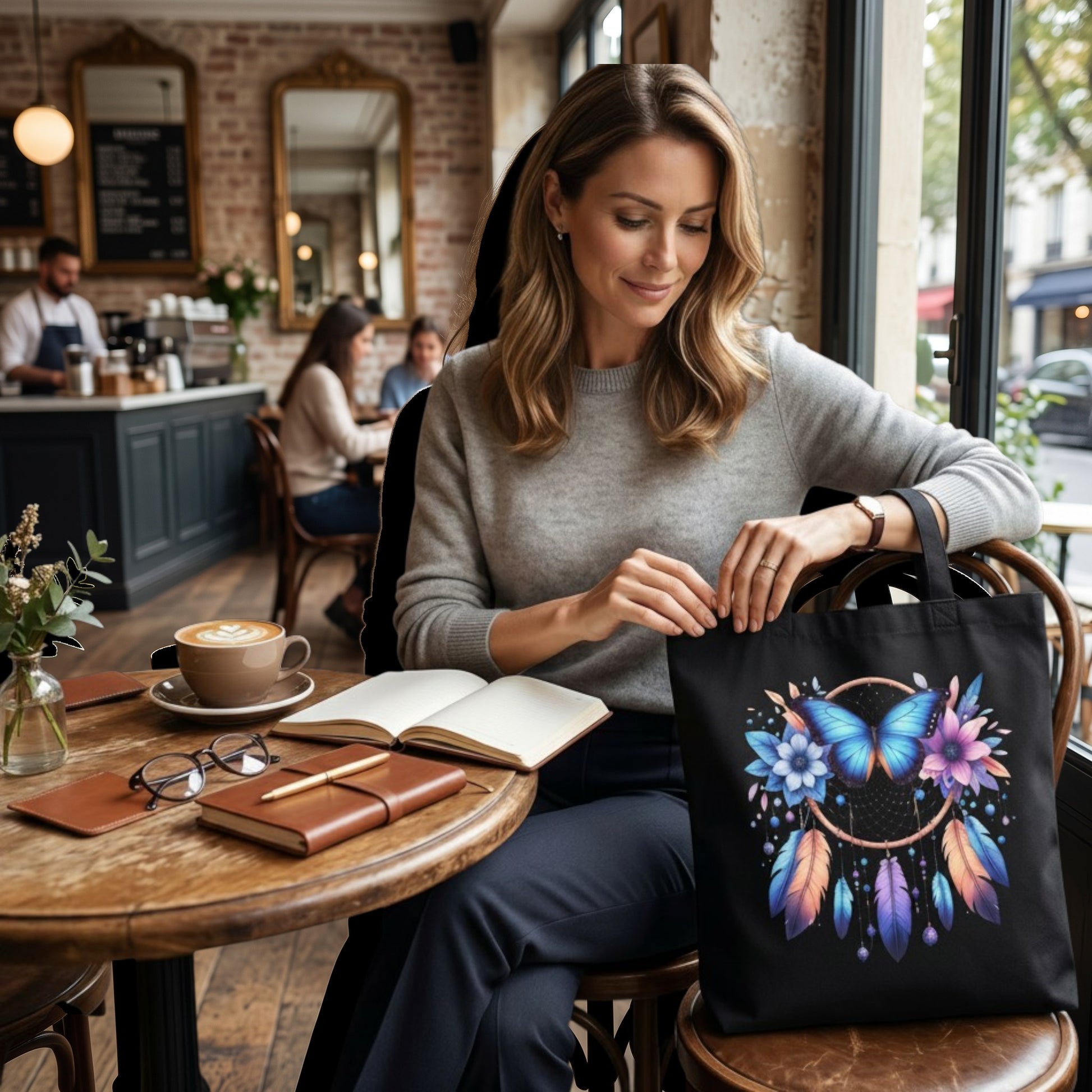 Illustrated Solutions Store black canvas tote bag featuring a blue butterfly and dreamcatcher print in a cafe setting.