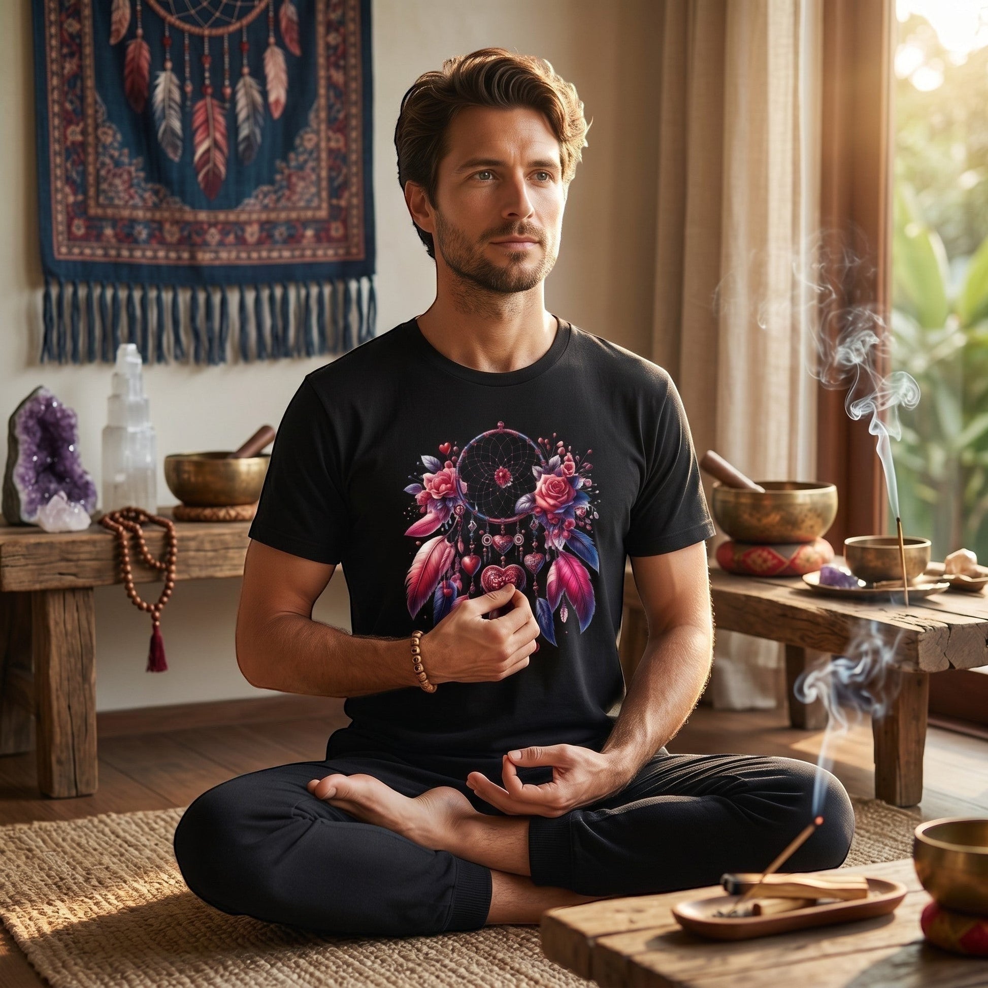 Man meditating in an Illustrated Solutions Store black t-shirt featuring a floral dreamcatcher graphic.