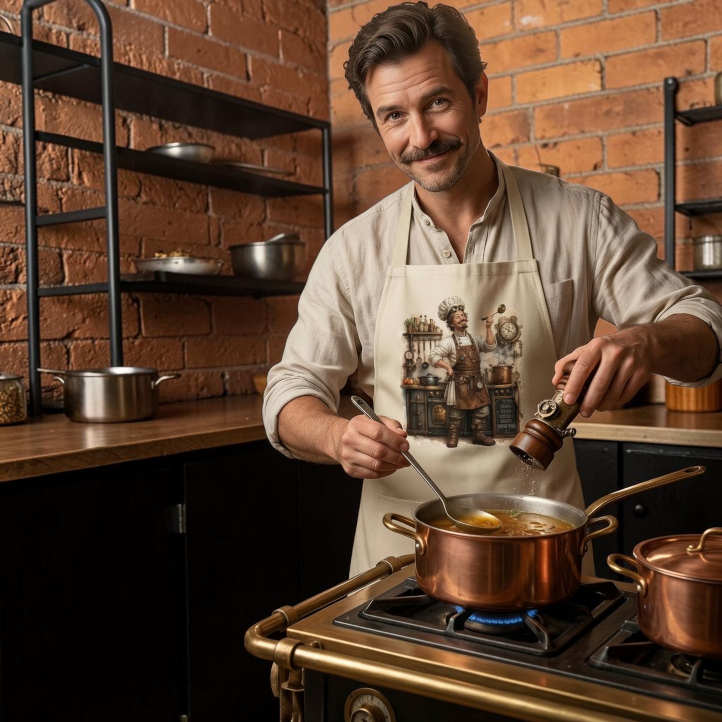 Man wearing an Illustrated Solutions Store steampunk cooking apron with a chef graphic in a vintage industrial kitchen.