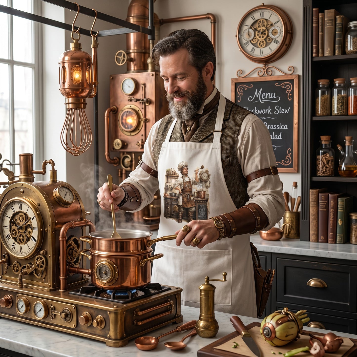 Illustrated Solutions Store steampunk linen cooking apron with vintage chef print, worn by a man in a steampunk kitchen.