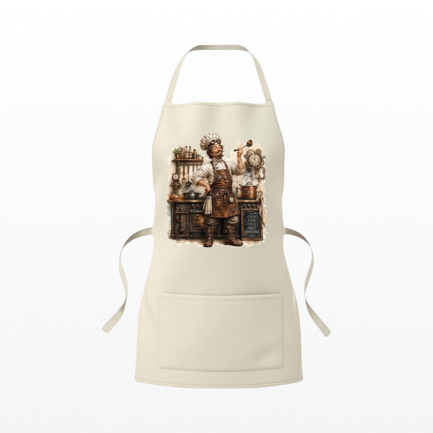 Illustrated Solutions Store cream cooking apron featuring a steampunk chef graphic with cogs and a ladle, front pocket.