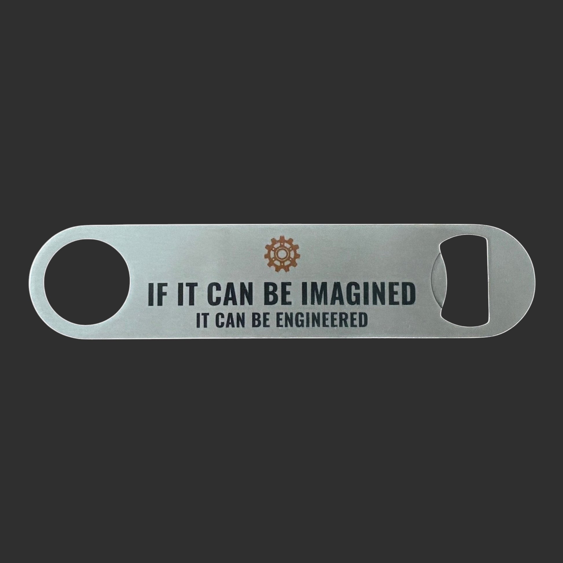 Illustrated Solutions Store steampunk bar blade bottle opener with gear icon and engineering quote in stainless steel