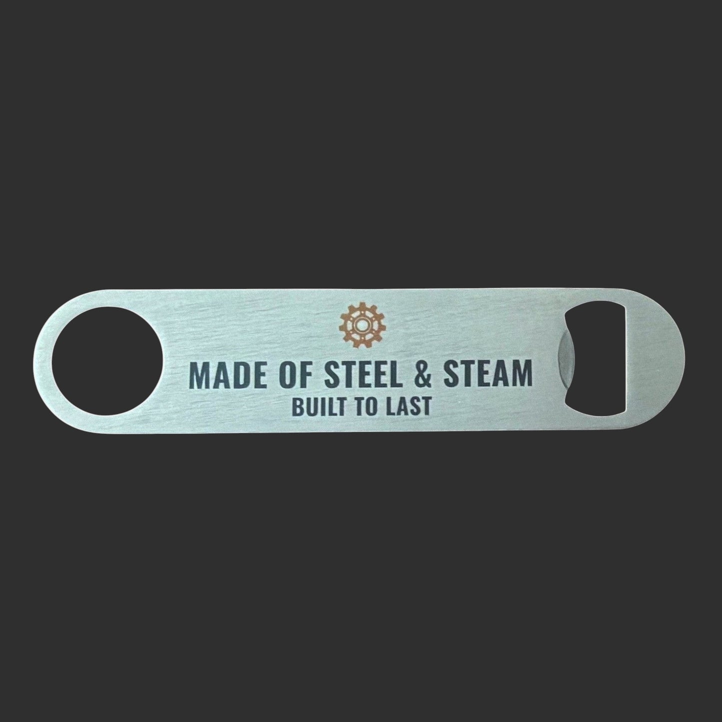 Illustrated Solutions Store steampunk bar blade bottle opener with Made of Steel and Steam text and gear icon