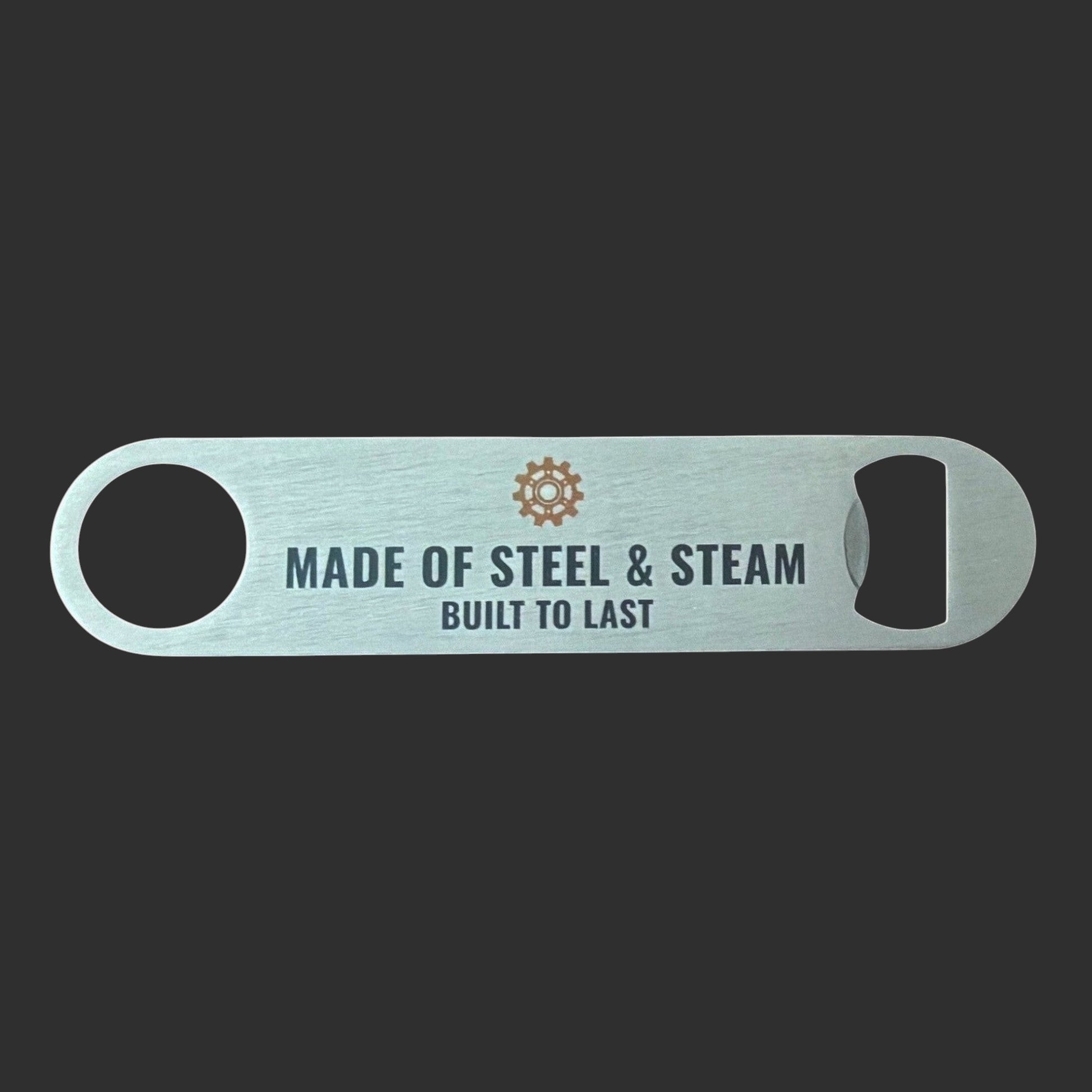 Illustrated Solutions Store steampunk bar blade bottle opener with Made of Steel and Steam text and gear icon