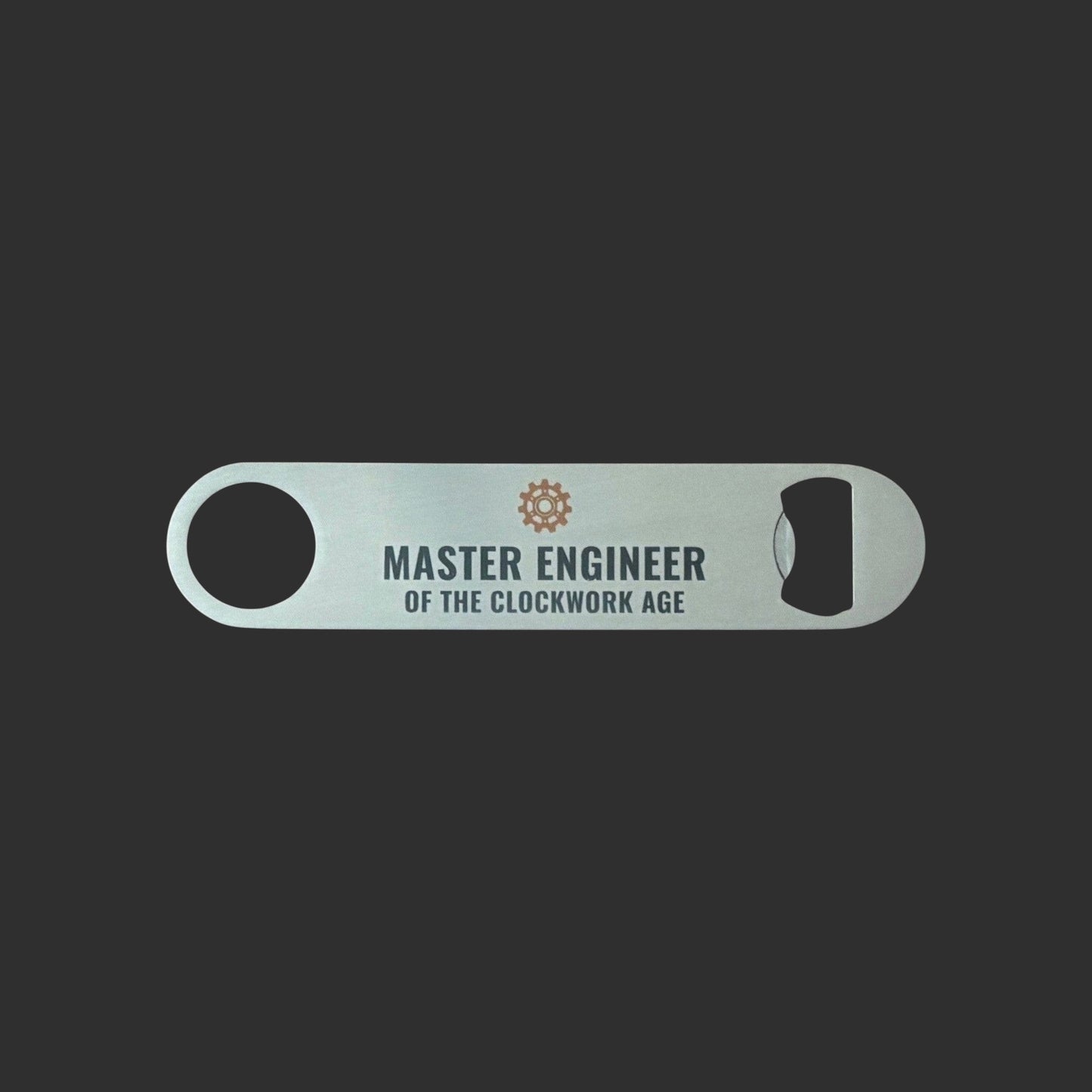 Illustrated Solutions Store steampunk bar blade bottle opener with Master Engineer of the Clockwork Age typography