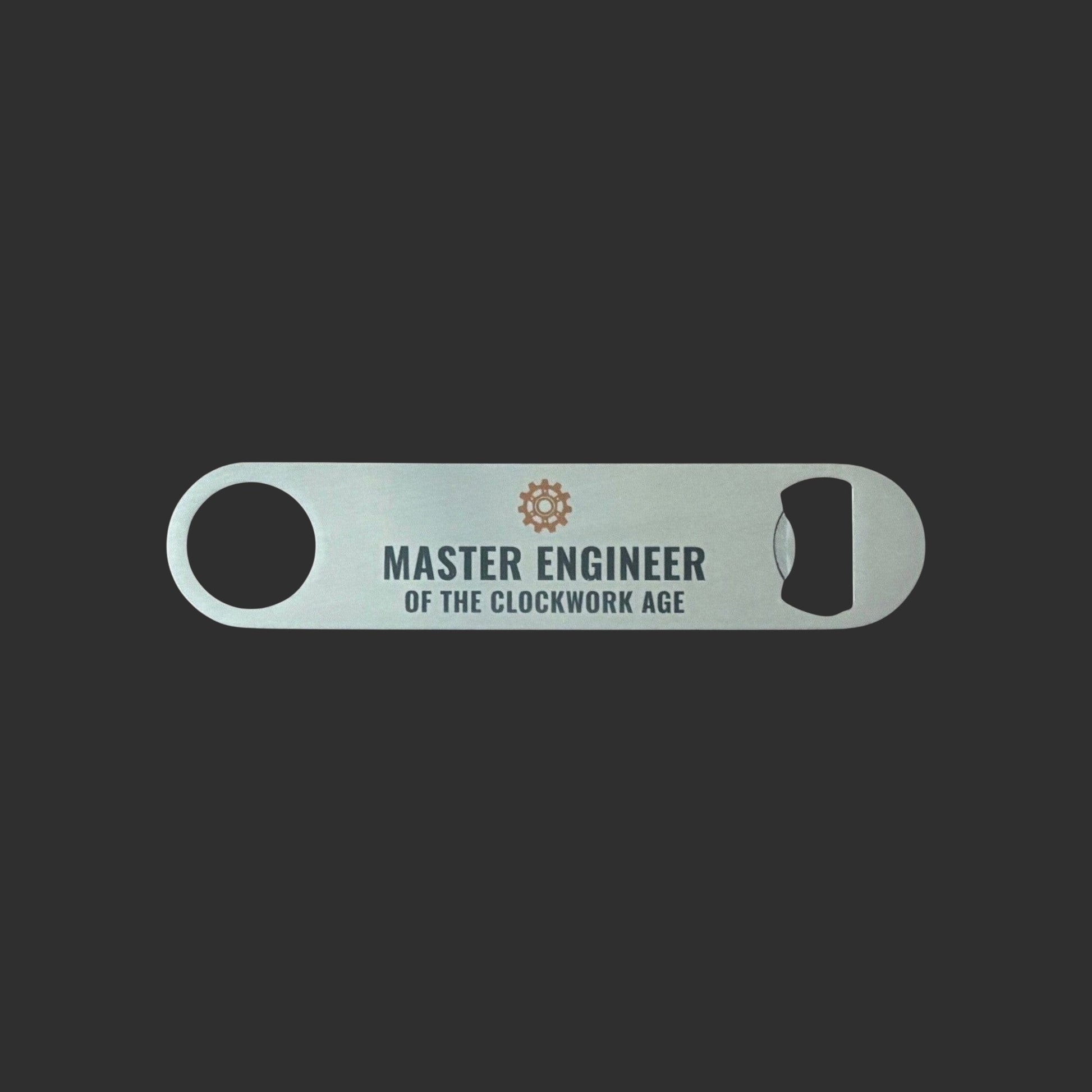 Illustrated Solutions Store steampunk bar blade bottle opener with Master Engineer of the Clockwork Age typography