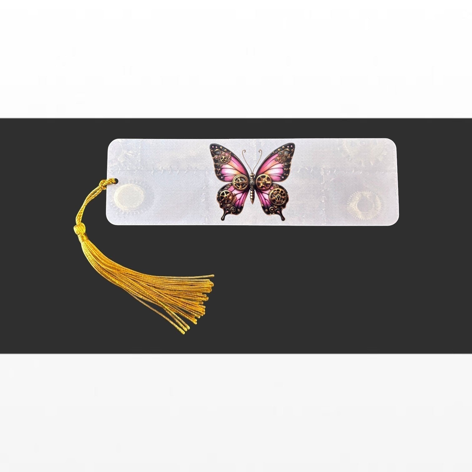 Illustrated Solutions Store steampunk aluminium bookmark featuring a pink butterfly with mechanical gear details