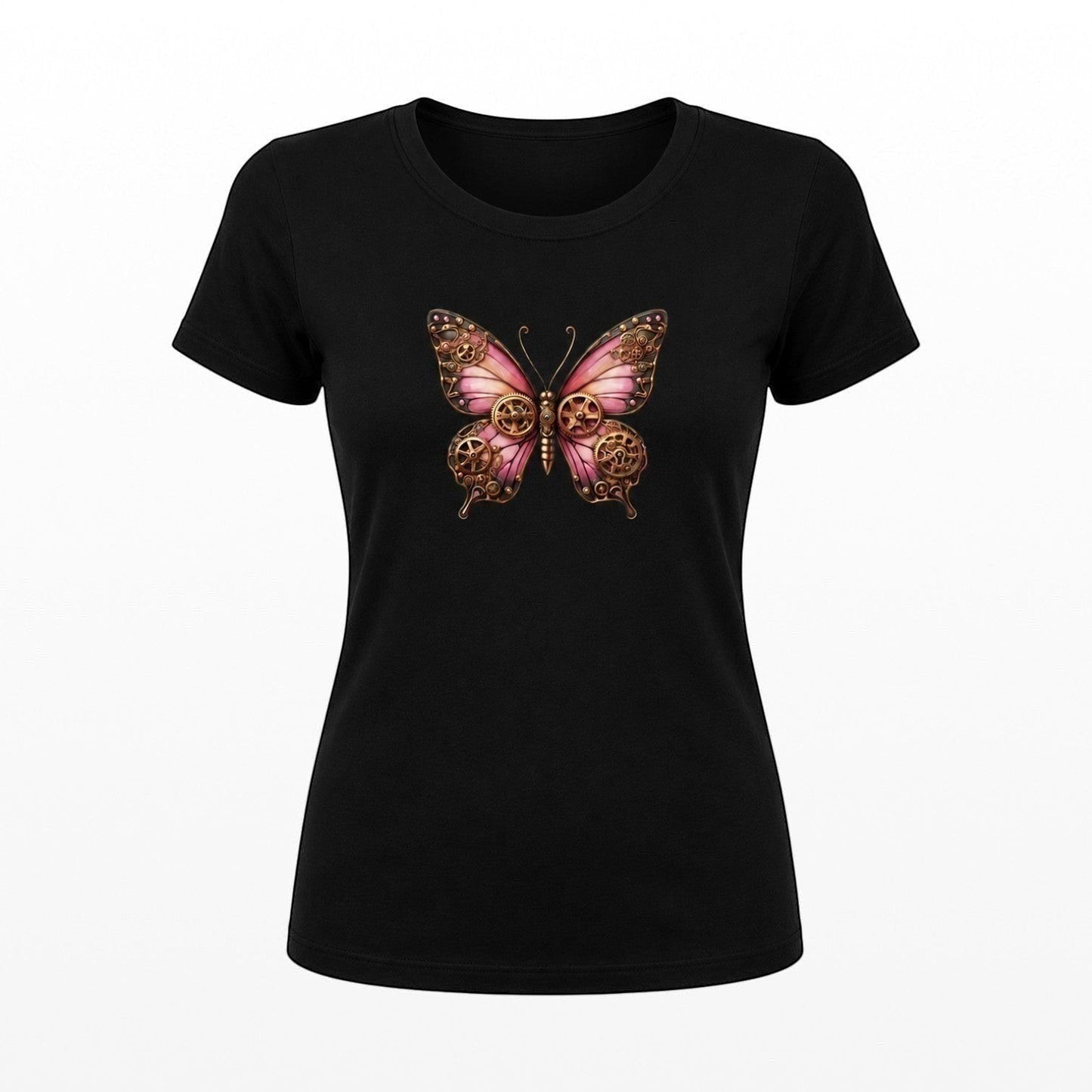 Illustrated Solutions Store black fitted women's tee with a detailed pink steampunk butterfly design featuring bronze gears.