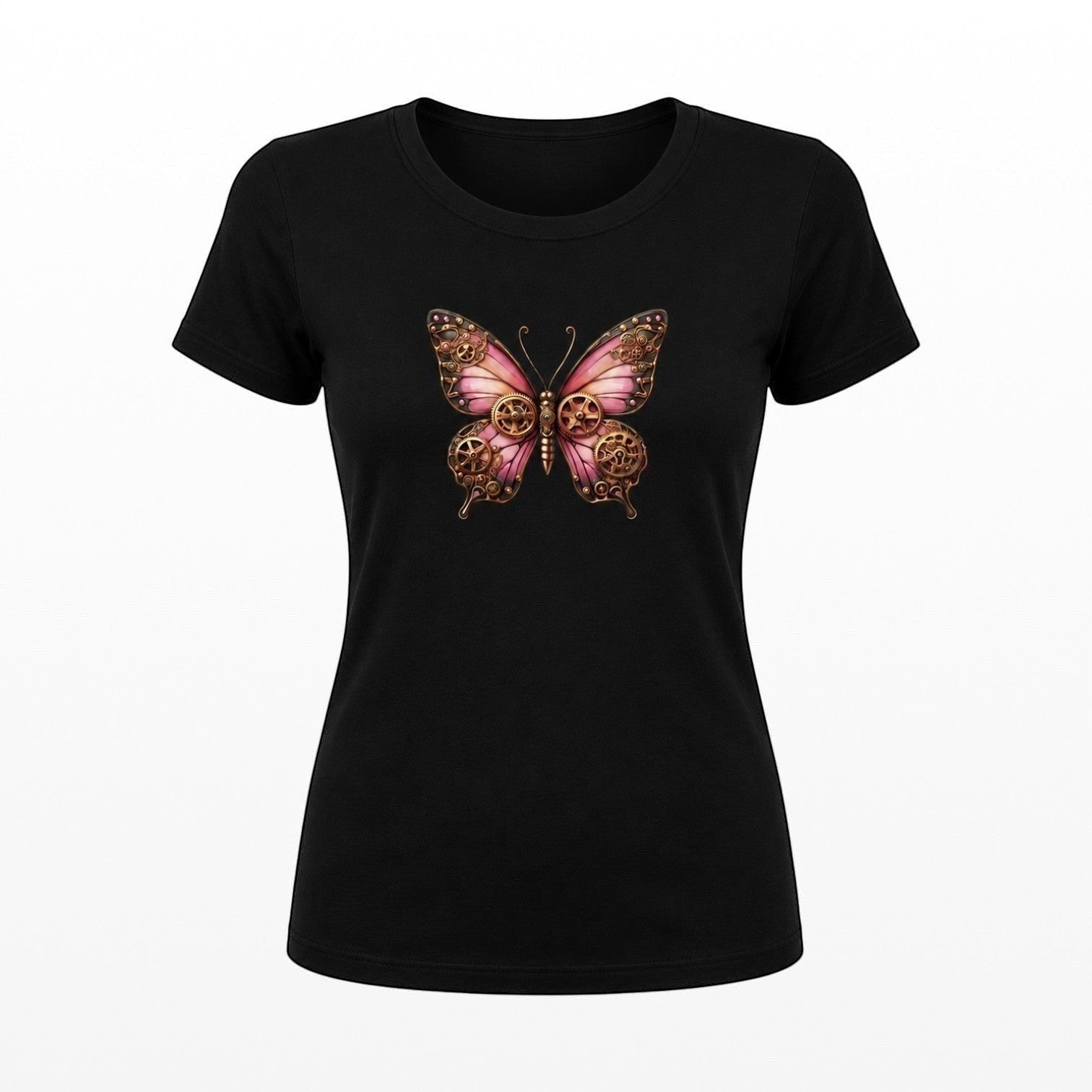 Illustrated Solutions Store black fitted women's tee with a detailed pink steampunk butterfly design featuring bronze gears.