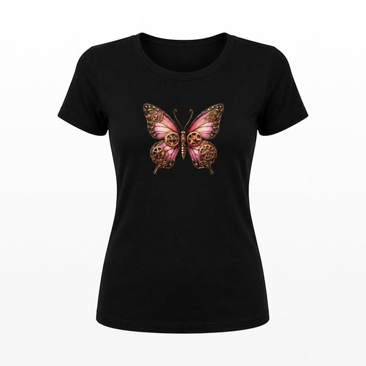 Illustrated Solutions Store black fitted women's tee with a detailed pink steampunk butterfly design featuring bronze gears.