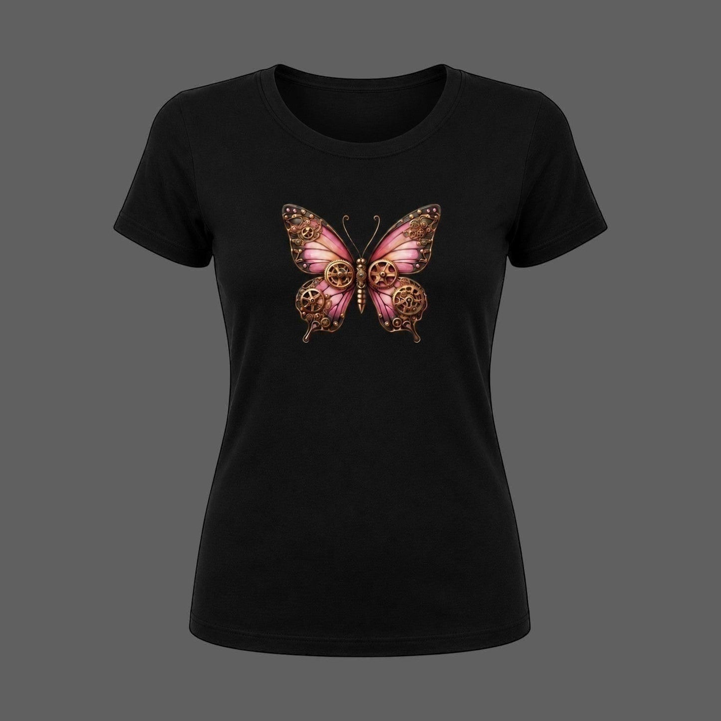 Illustrated Solutions Store black fitted women's tee with a detailed pink steampunk butterfly design featuring bronze gears.