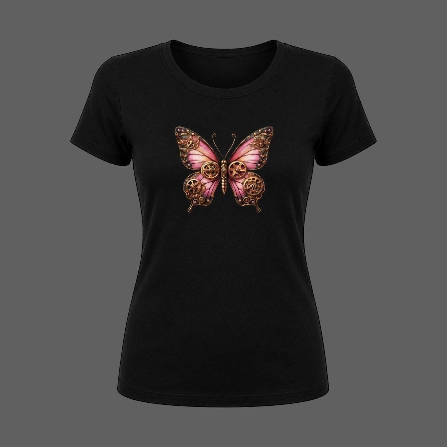 Illustrated Solutions Store black fitted women's tee with a detailed pink steampunk butterfly design featuring bronze gears.