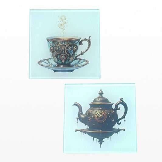 Illustrated Solutions Store steampunk glass coasters featuring a mechanical teapot and a clockwork teacup with intricate gear details.