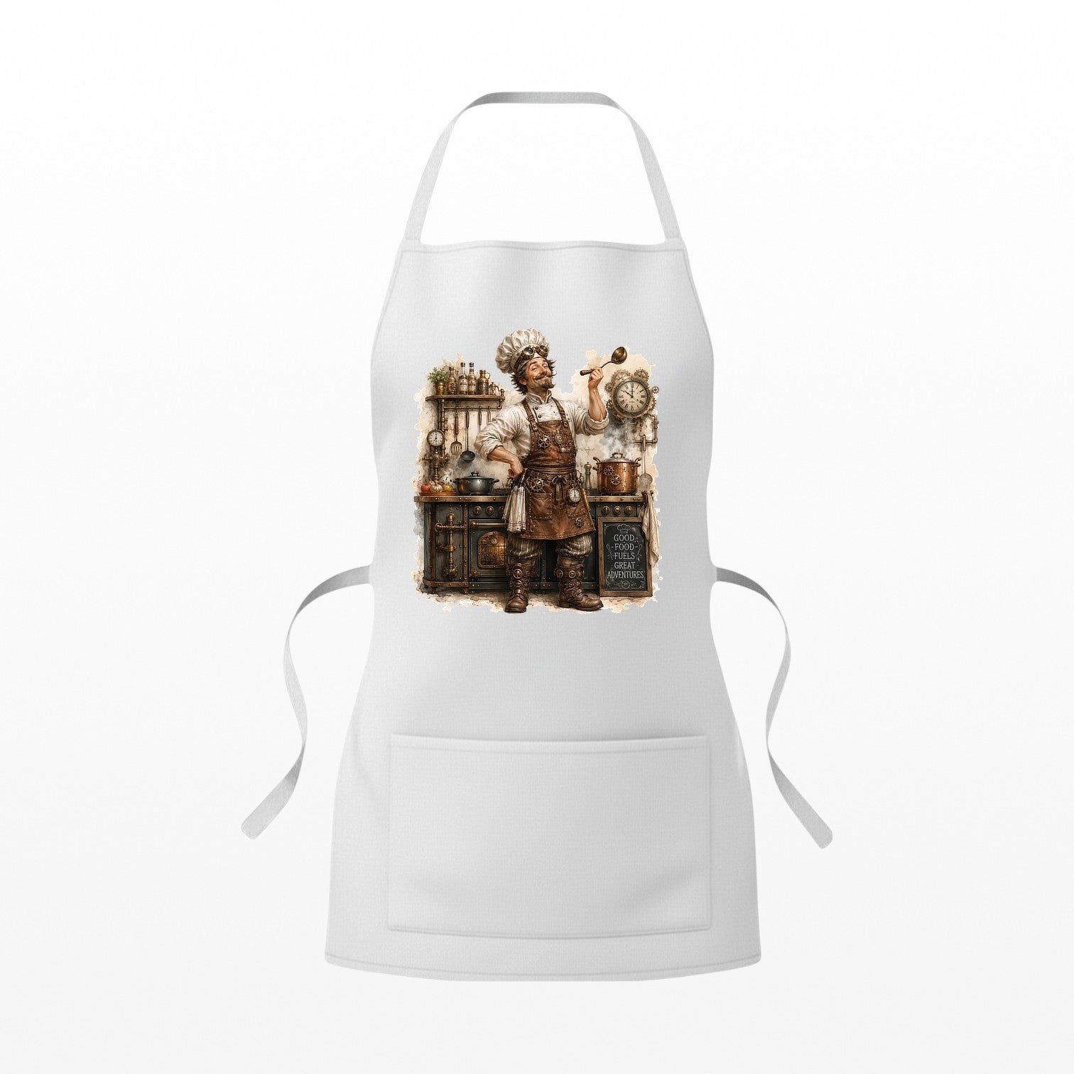 Illustrated Solutions Store white cooking apron featuring a steampunk chef graphic with cogs, a ladle, and front pocket.