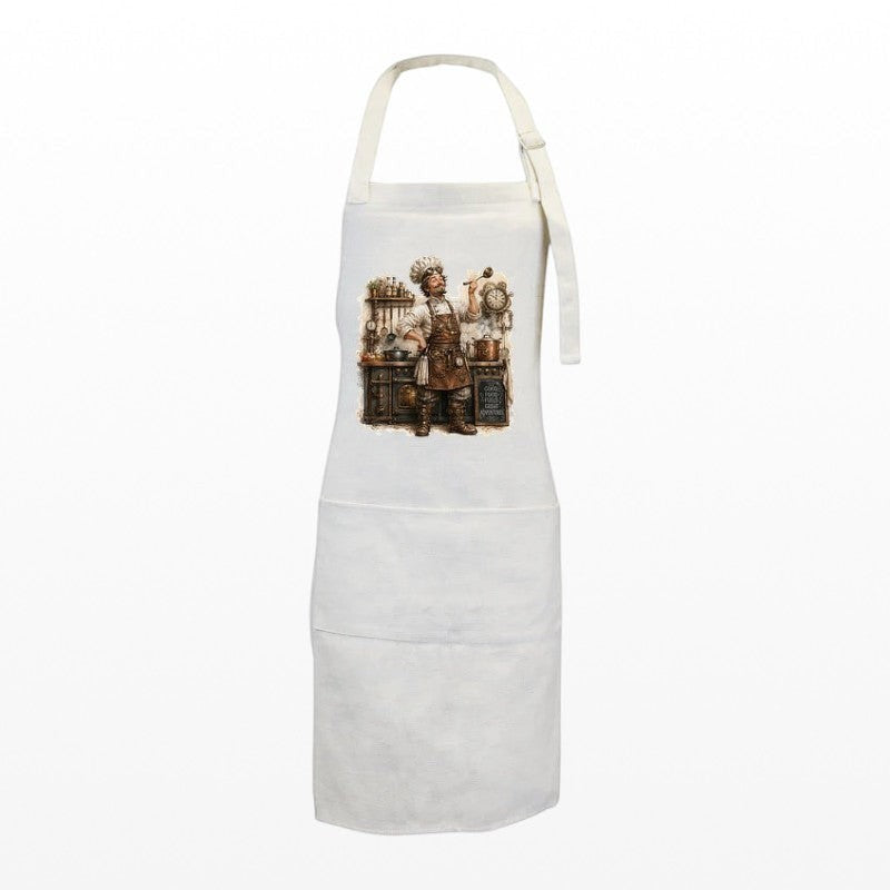 Illustrated Solutions Store white linen cooking apron featuring a Victorian steampunk chef with brass gear artwork.