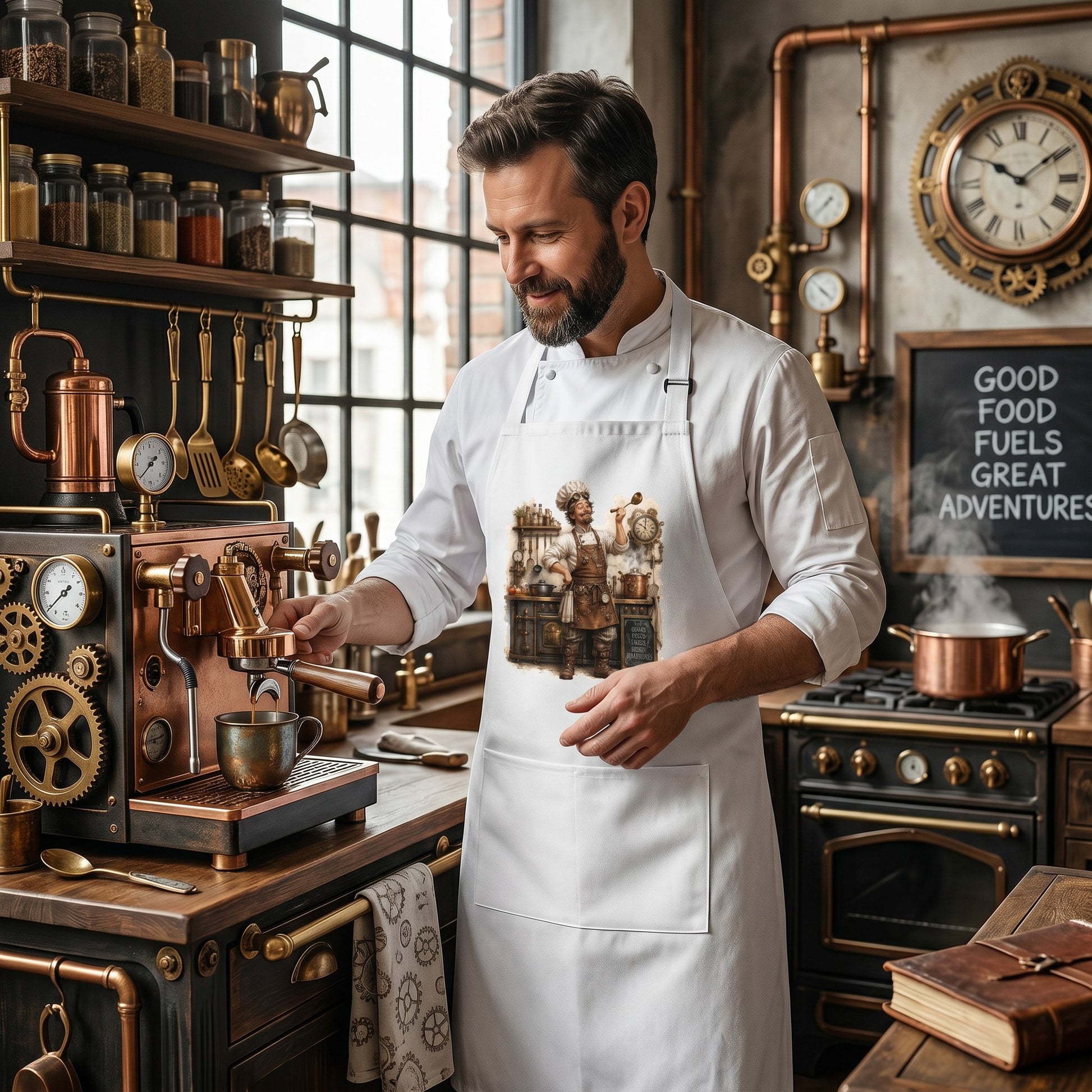 Illustrated Solutions Store white cooking apron featuring a steampunk chef design with cogs, worn by a man in a kitchen.