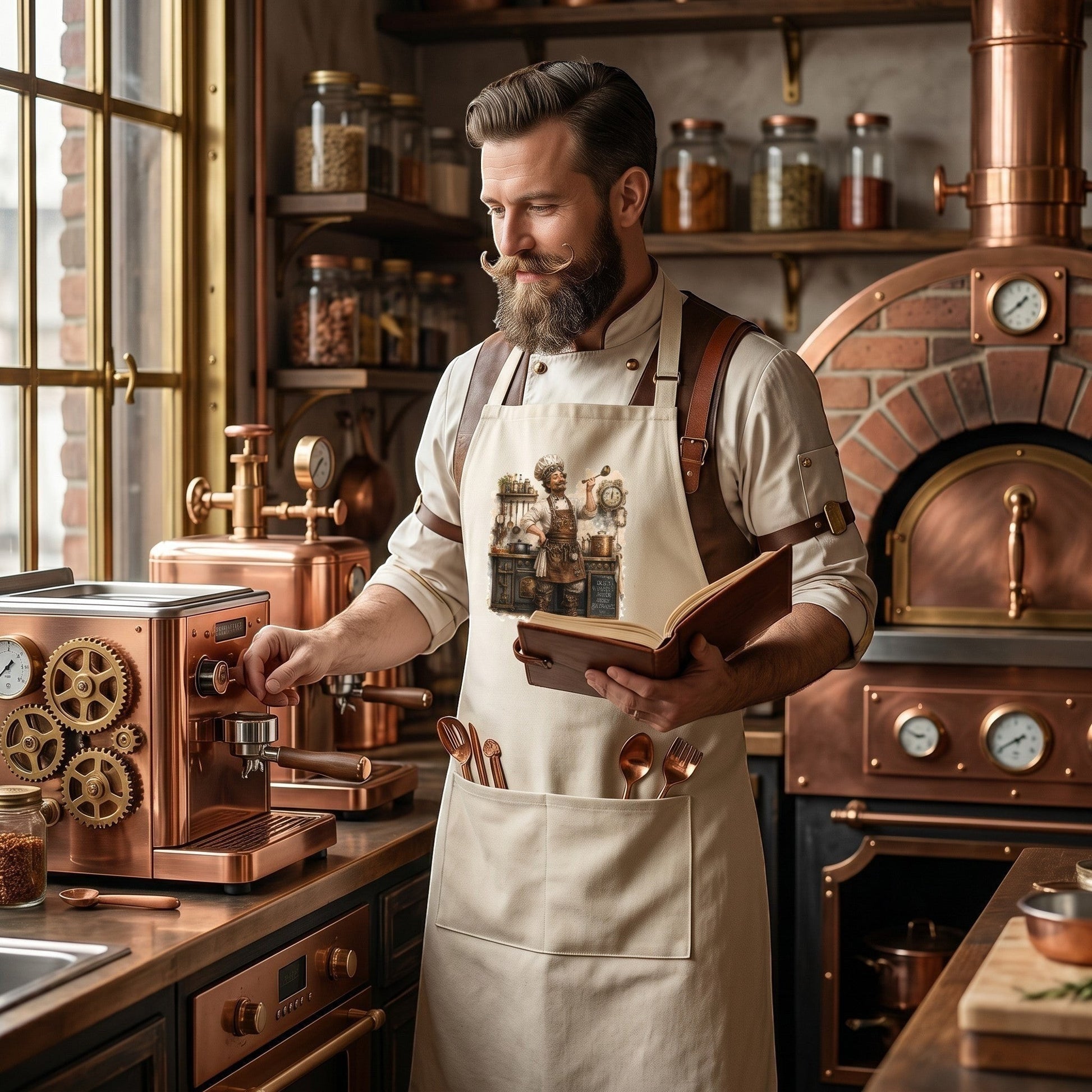 Man with mustache wearing Illustrated Solutions Store steampunk cooking apron with chef design in a copper kitchen.