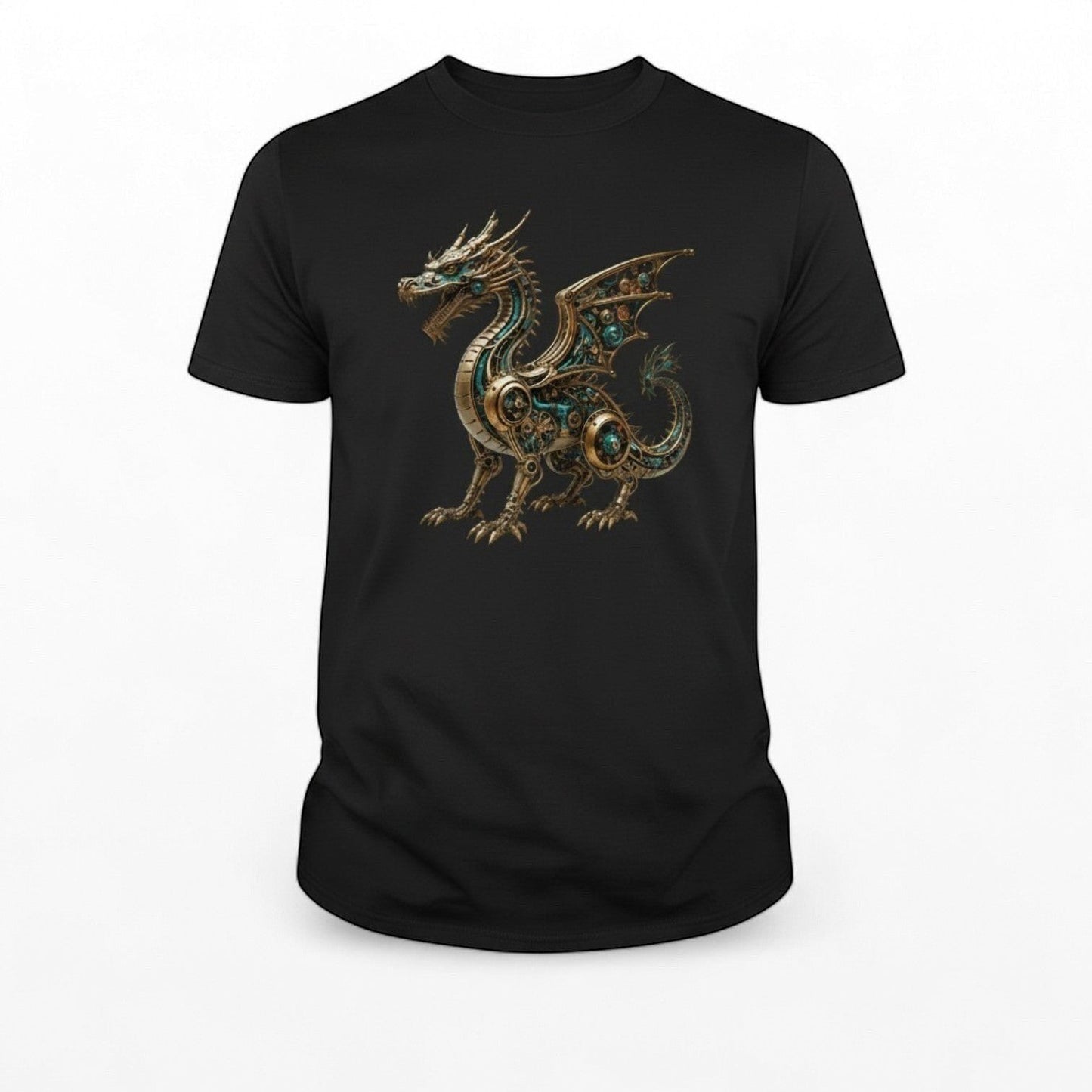 Illustrated Solutions Store black t-shirt with a detailed steampunk mechanical dragon graphic in gold and teal.