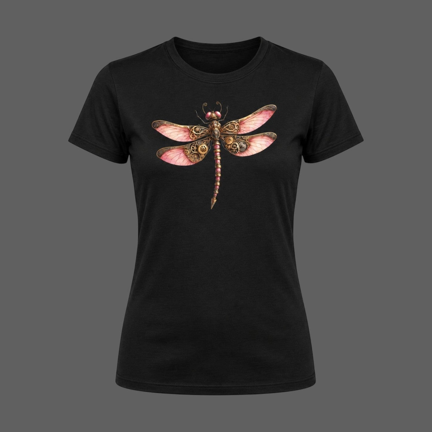 Illustrated Solutions Store black fitted t-shirt with a detailed steampunk dragonfly design in pink and bronze clockwork.