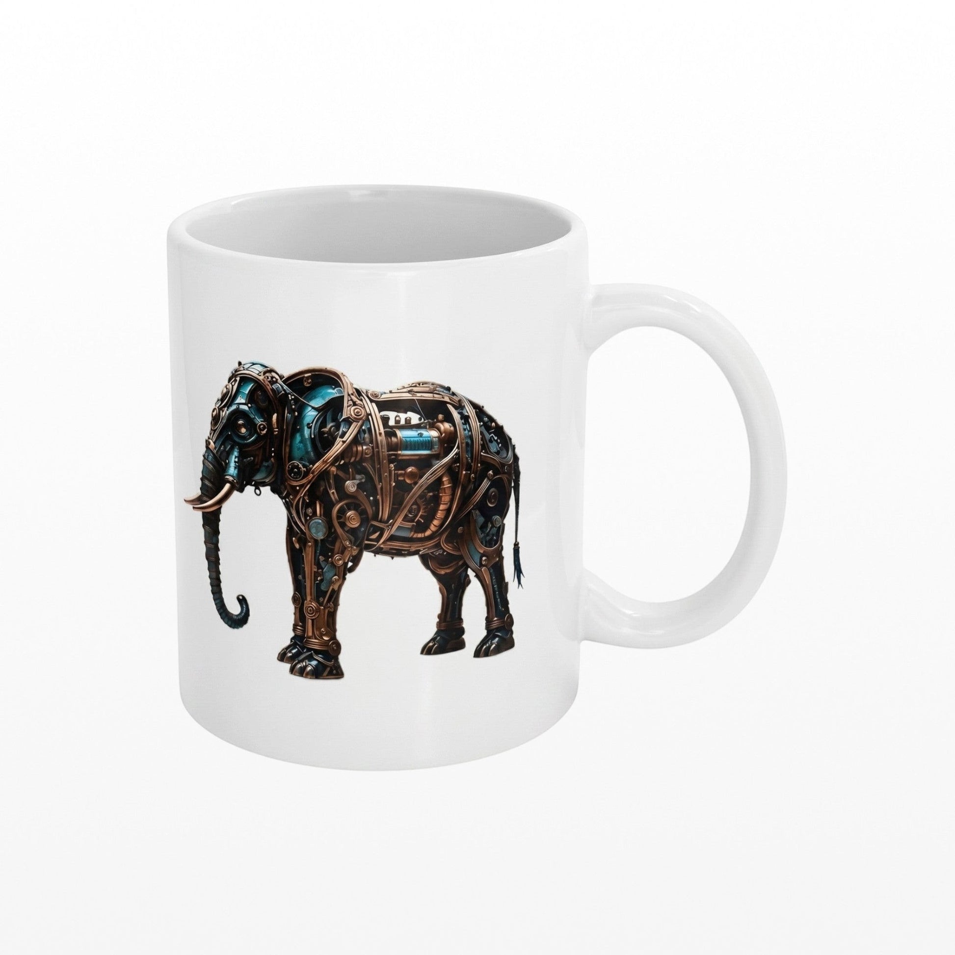 Illustrated Solutions Store white ceramic mug featuring a detailed steampunk elephant with bronze and blue gears.