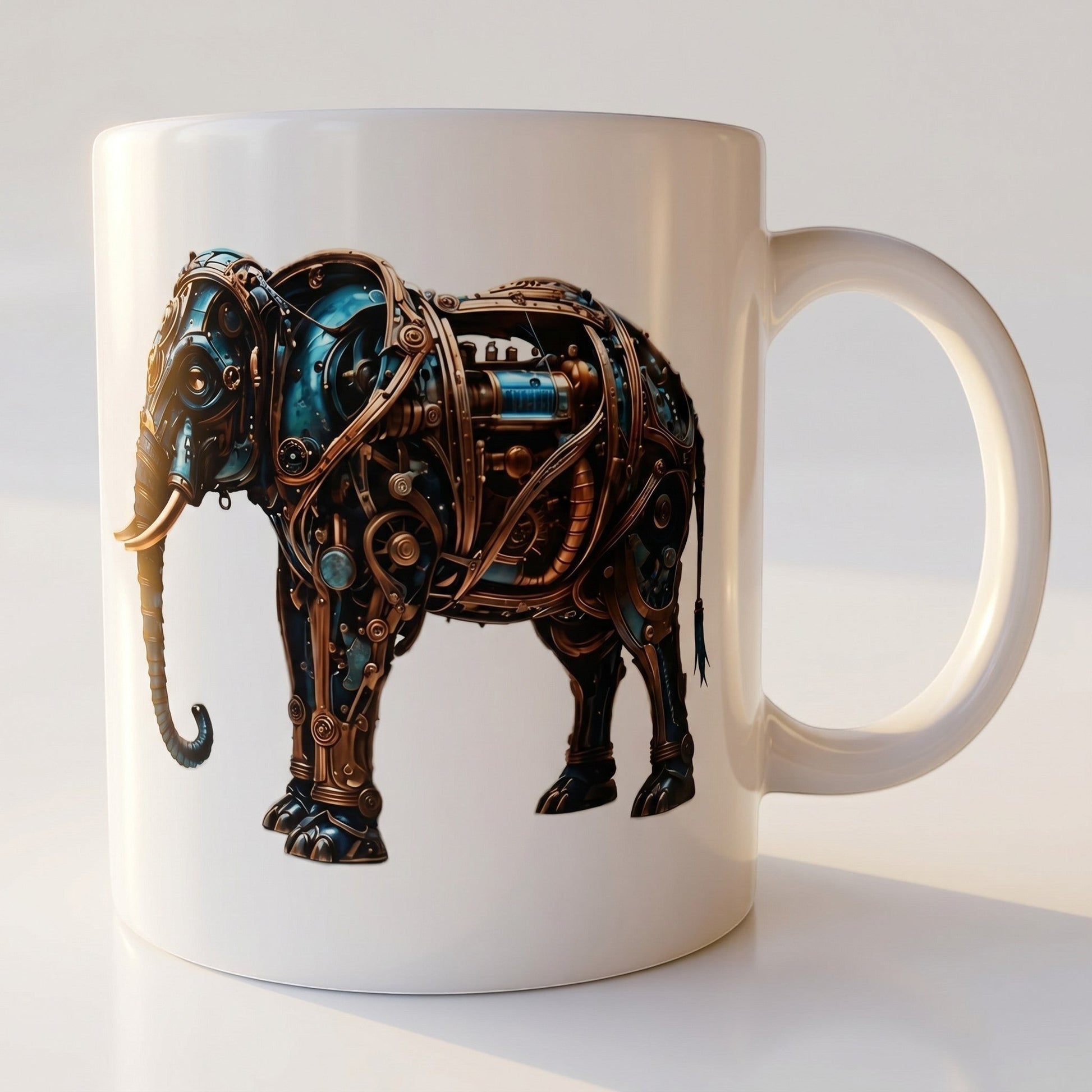 Illustrated Solutions Store white ceramic mug featuring a blue and bronze mechanical steampunk elephant design.